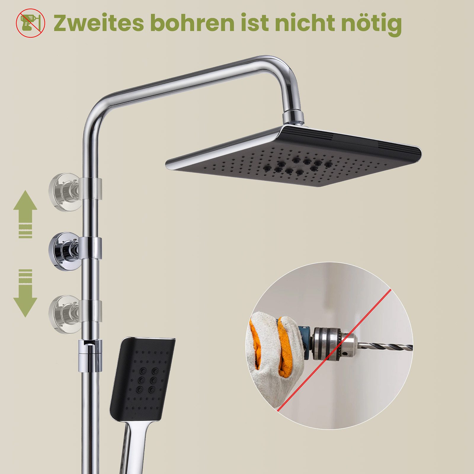 HOMELODY Duschsystem Duschset Regendusche mit Handbrause,Duschsäule ohne armatur, 2 Strahlart(en), Packung Set, Ohne zusätzliches Bohren,mit Piano-Knopf-Wassertrennschalter