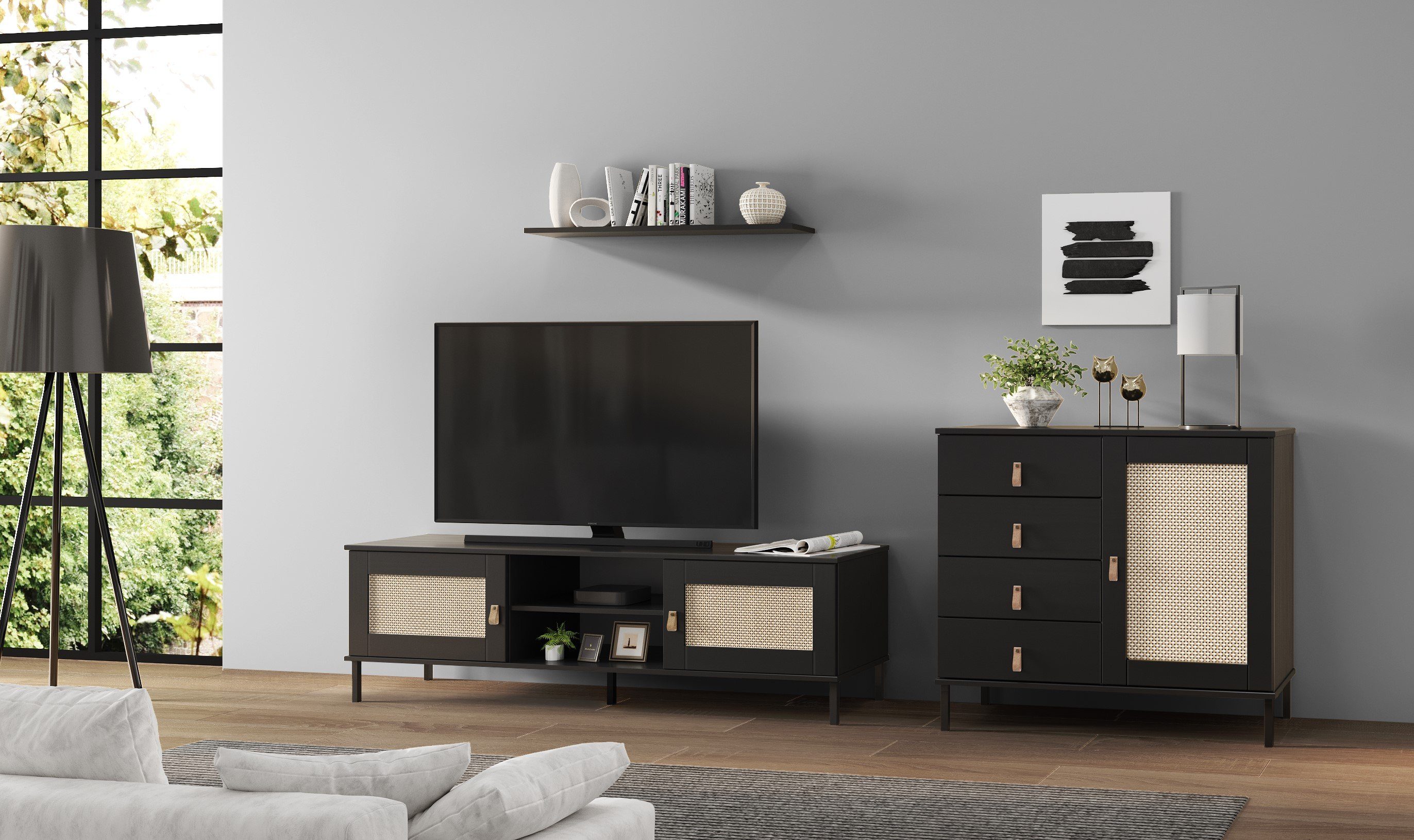 Woodroom Sideboard Valenica, Kiefer 90x80x40 cm schwarz massiv lackiert, BxHXT