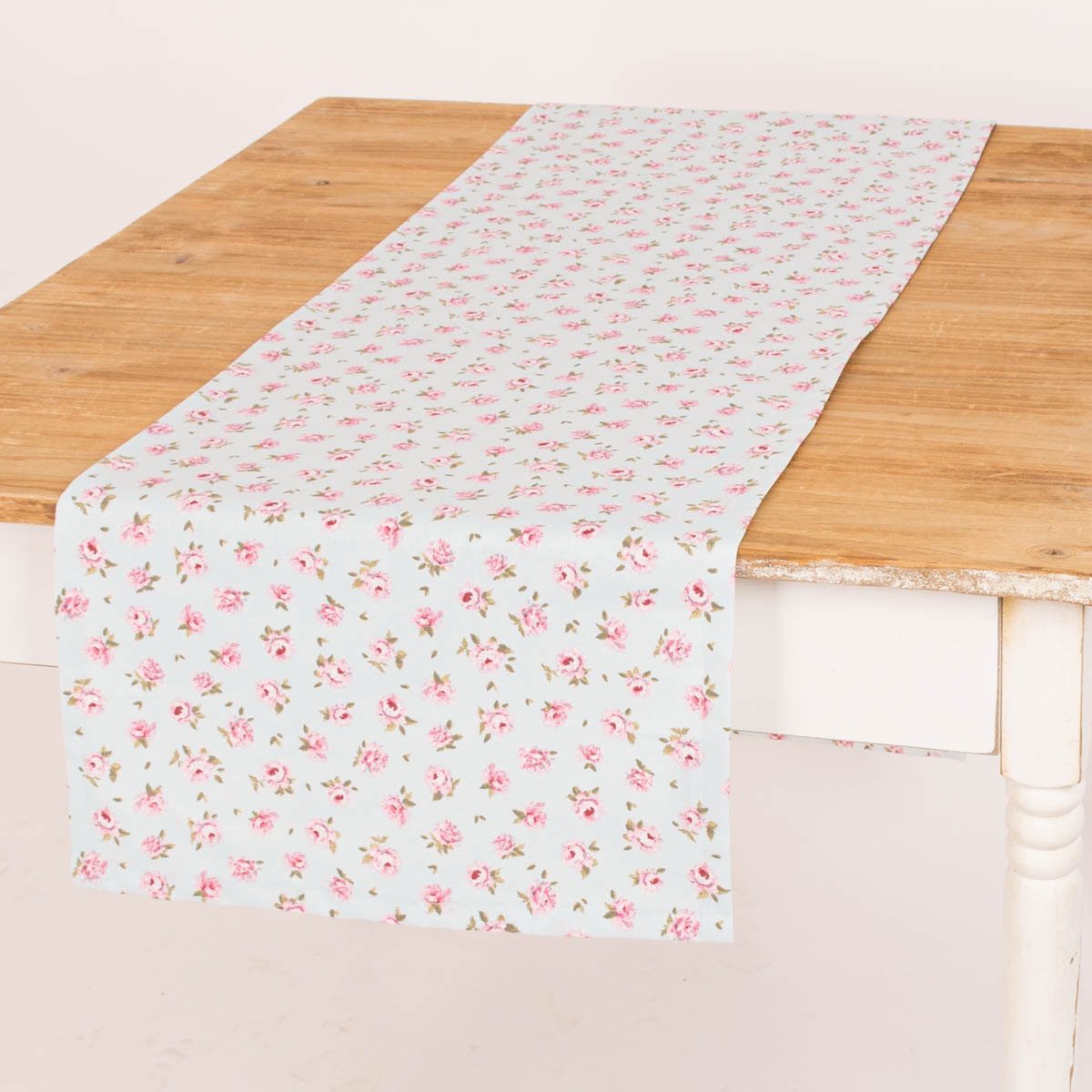 SCHÖNER LEBEN. Tischläufer Tischläufer Classic Little Rose Rosenblüten hellblau rosa 40x160cm, handmade