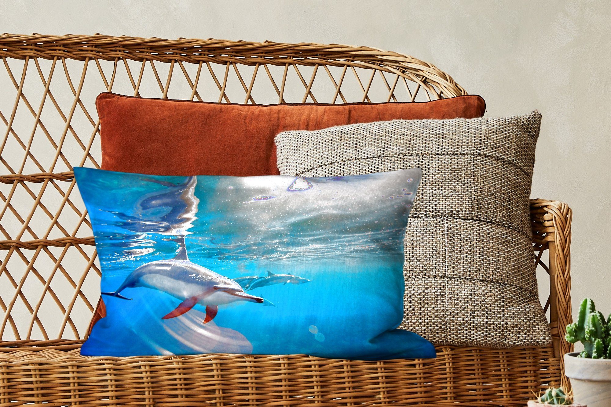 Wasser, Wohzimmer Zierkissen, Füllung, Dekokissen Dekoration, MuchoWow - Sonne Dekokissen - Delphin Schlafzimmer mit