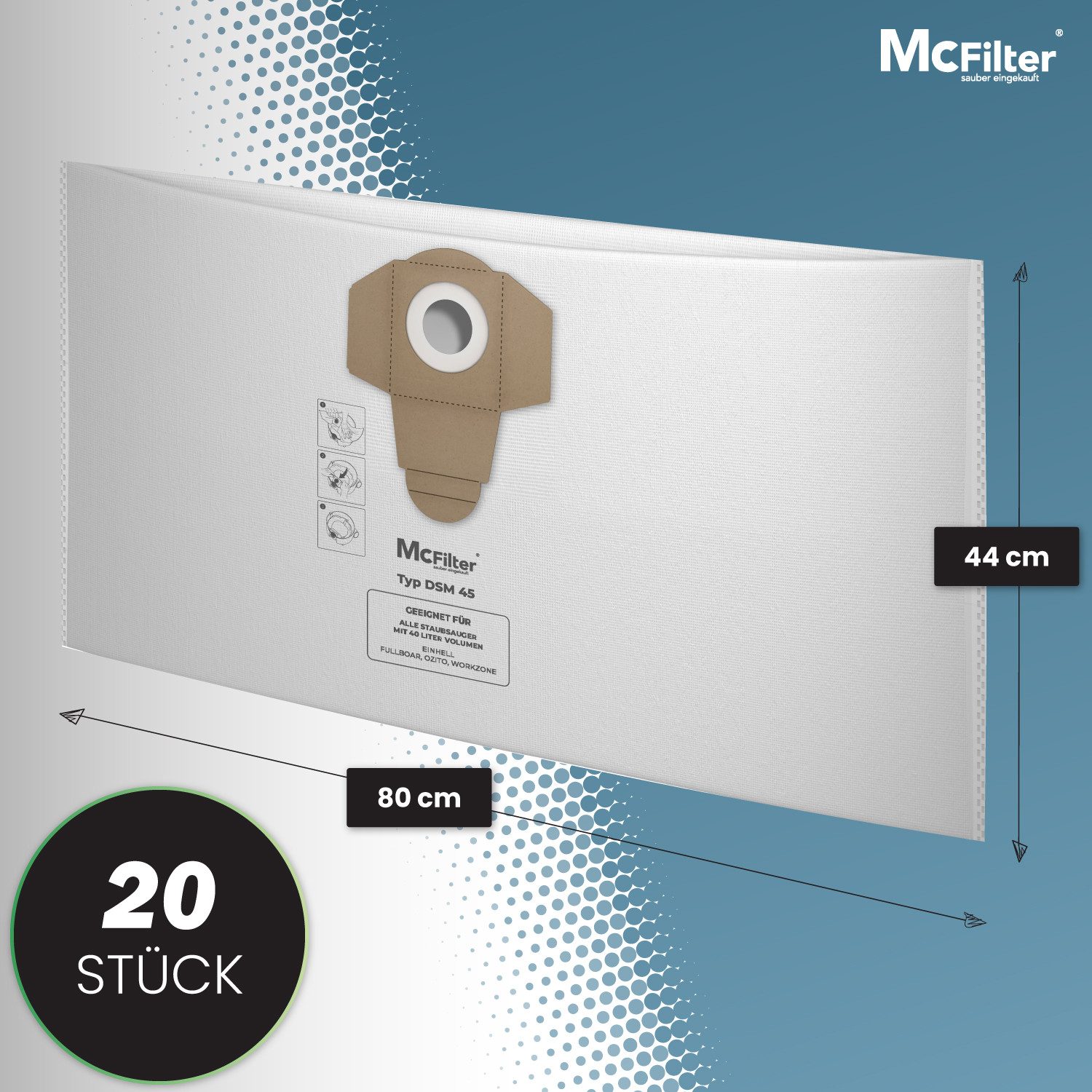McFilter Staubsaugerbeutel (20 Stück) geeignet für Einhell, passend für ALLE Einhell 40 Liter Nass-Trockensauger, 20 St., Beutel - Typ DSM 45