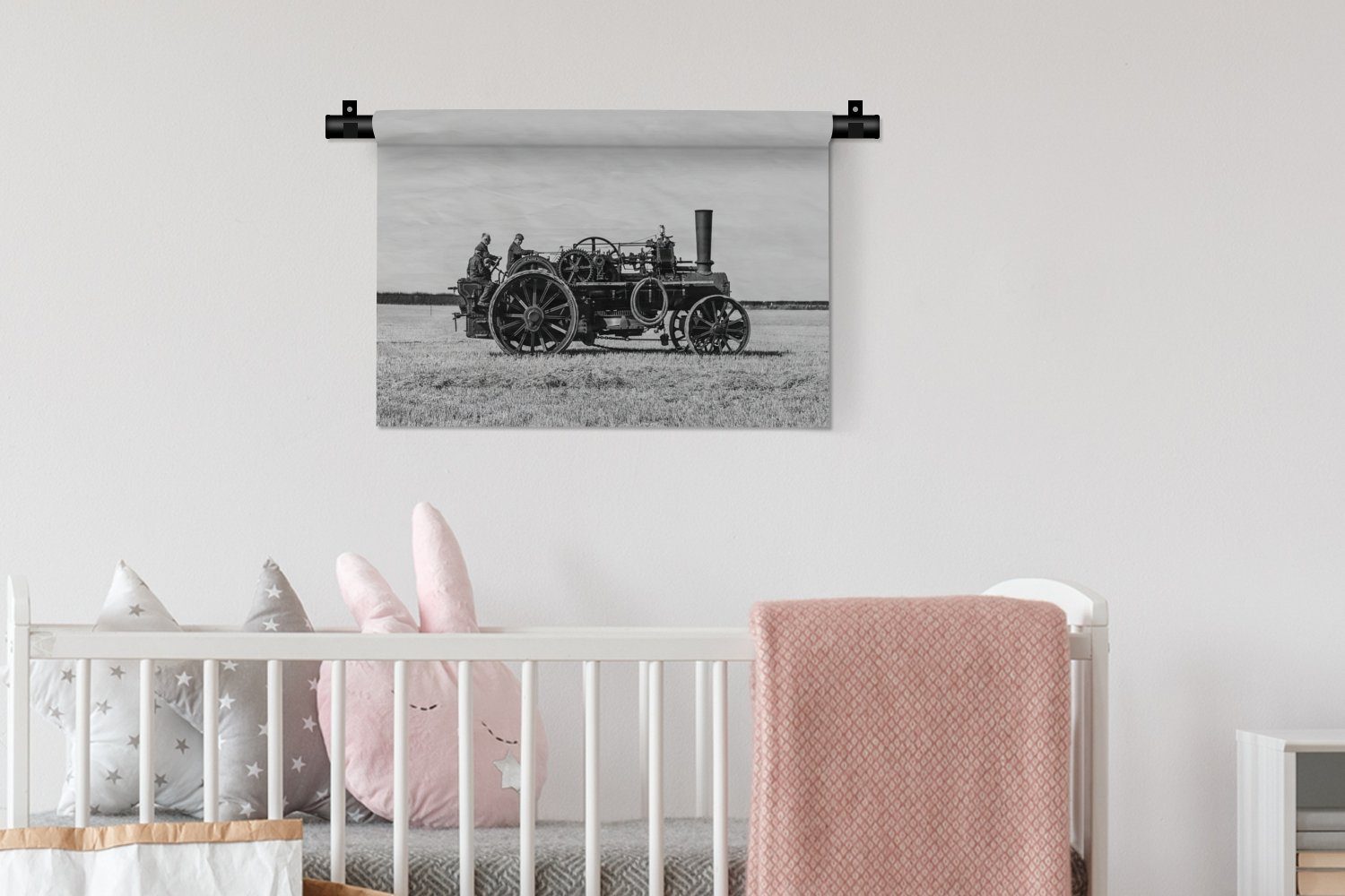 Schlafzimmer, Vintage, - Weiß Wohnzimmer, MuchoWow Wanddekoobjekt Schwarz Traktor Wanddeko - Wandbehang, Bauernhof - für Kinderzimmer Kleid, -