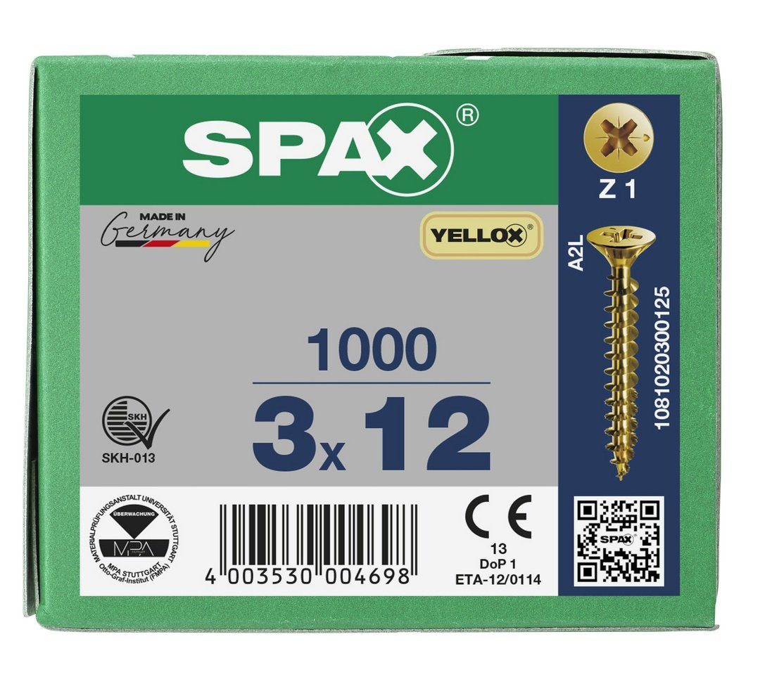 verzinkt, Universalschraube, SPAX Spanplattenschraube 1000 St), 3x12 gelb mm (Stahl