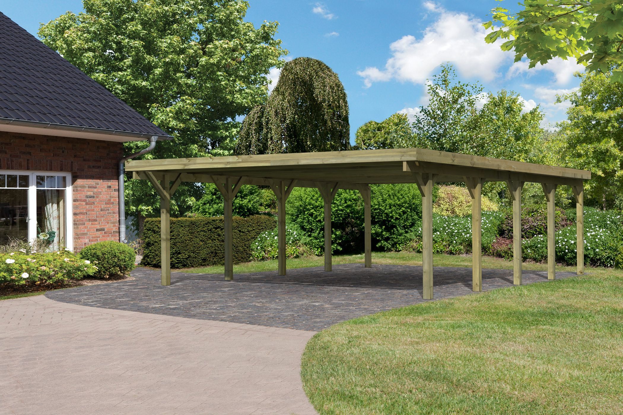 Karibu Doppelcarport »Classic 3 SET« PVC-Dach Variante A, kesseldruckimprägniert, BxT: 563x777,5 cm, 206 cm Einfahrtshöhe, (Set), aus Masivholz