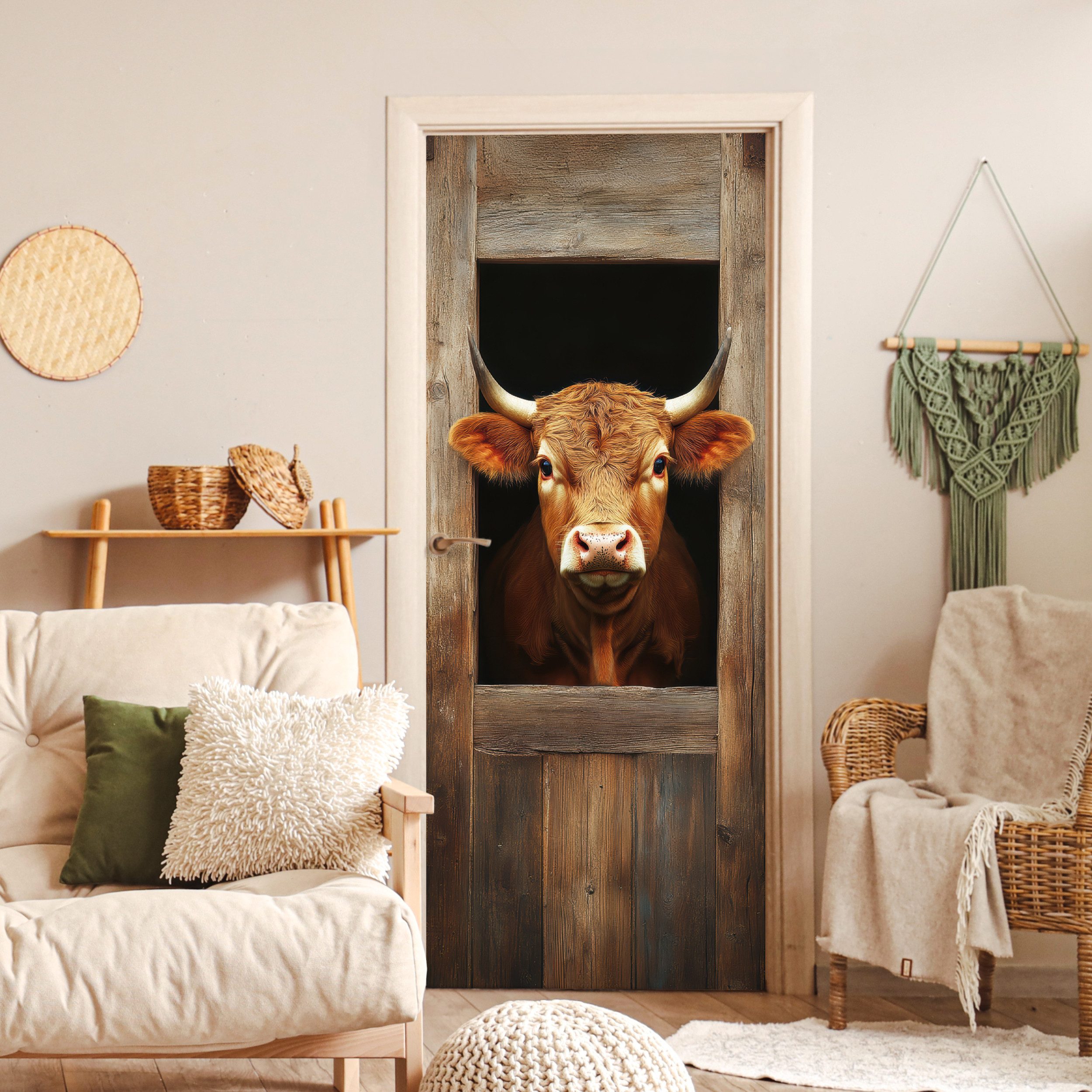 MuchoWow Türtapete Kuh - Fenster - Holz - Tiere, Matt, bedruckt, (1 St), Selbstklebende Tapete, Folie für Möbel, 70x215 cm – Bild 4 von 5
