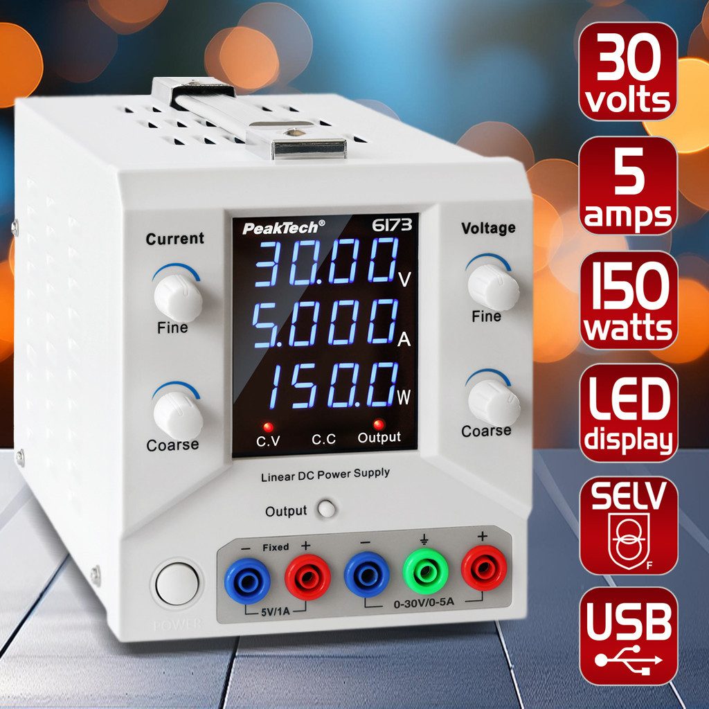 PeakTech Digital Labornetzgerät 0-30 V / 0-5 A DC & USB Labor-Netzteil