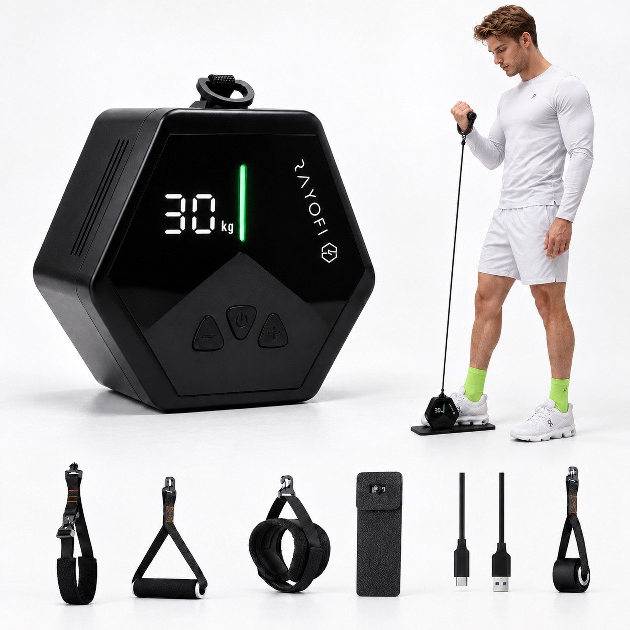 Rayofi Kraftstation Upgrade Mobiler Kabelzug 3–30 kg für Rücken & Ganzkörpertraining, 0 Gewichtsblöcke (1-tlg., Türanker, Fußschlaufe, Pro-Bodenplatte, Handgriff), Lüfterkühlung, Butterfly, Latzug & Bizeps Home Gym mit App