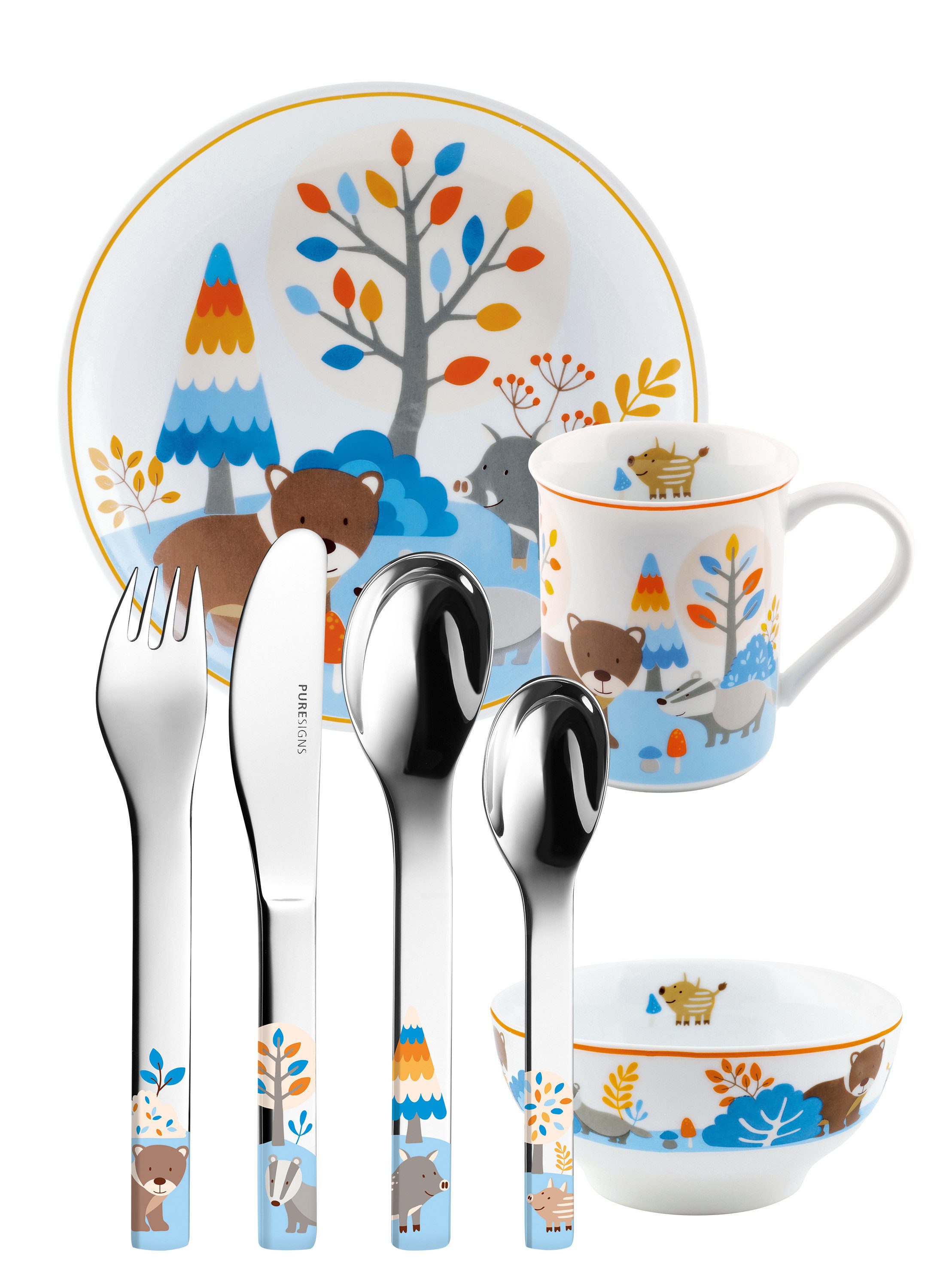 PURESIGNS Kindergeschirr-Set FRIENDS (7-tlg), 1 Personen, Edelstahl 18/10, Porzellan, Plastikfreier Essgenuss für die Kleinen