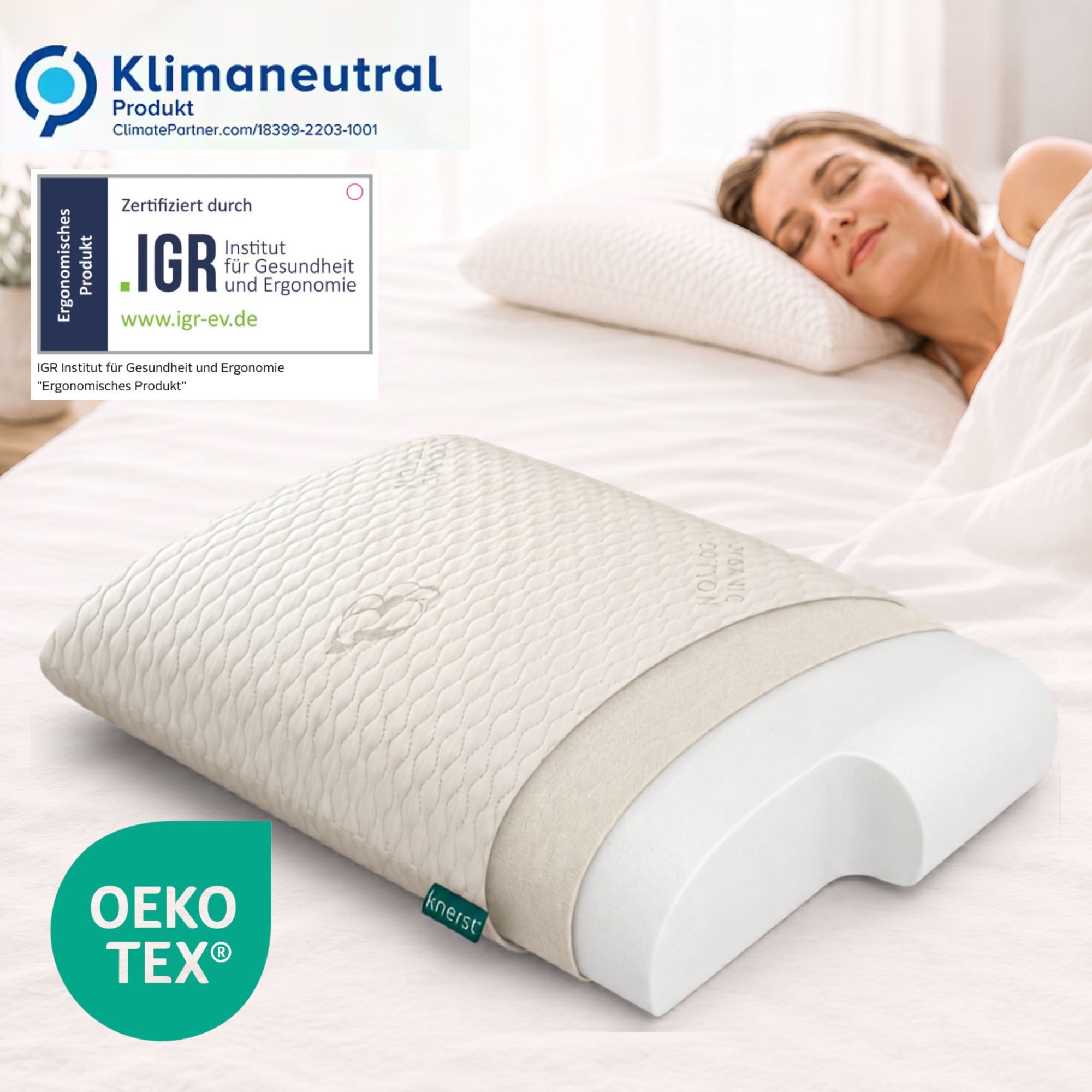 KNERST Nackenstützkissen orthopädisch MemoryFoam Kissen 40°C waschbar - formstabiles Kopfkissen, Füllung: 100% CosyPUR Gelschaum, Bezug: Bio-Baumwollbezug, Seitenschläfer, Bauchschläfer, Rückenschläfer, 33x67x6 cm, ergonomisch