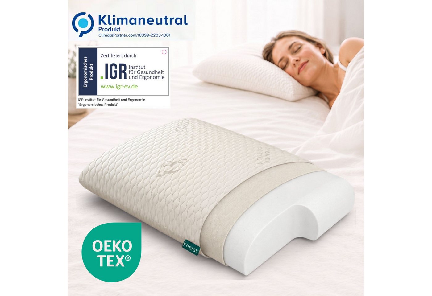 KNERST Nackenstützkissen orthopädisch MemoryFoam Kissen 40°C waschbar - formstabiles Kopfkissen, Füllung: 100% CosyPUR Gelschaum, Bezug: Bio-Baumwollbezug, Seitenschläfer, Bauchschläfer, Rückenschläfer, 33x67x6 cm, ergonomisch