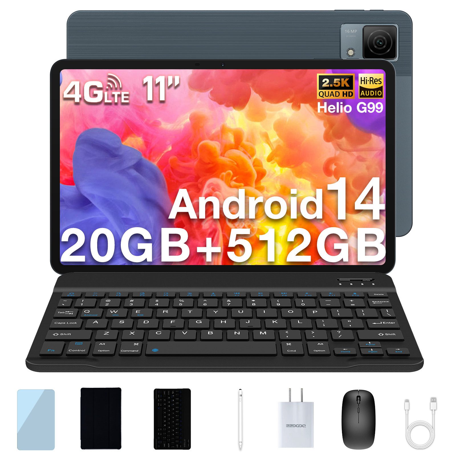 DOOGEE T40 Tablet mit Tastatur und Stift, 8GB RAM+512GB ROM(2TB TF), 11 Zoll Tablet (11", 512 GB, Android 14, 4G, 2.5K Display, 4 LTE, 8580mAh Akku, 16MP, Drawing Tablets mit SIM Karte)