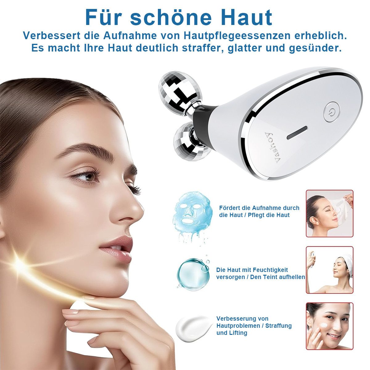 Vashoy Gesichtsmassagegerät Schönheitsapparat 5-in-1 Schönheitsgerät, 3 EMS-Stufen, Anti-Aging, Gua Sha Elektrisch mit 360° V-Roller mit Ultraschall-Vibration 1-tlg., für straffere Haut & mehr Elastizität, Tragbares Beauty-Gerät für Zuhause & Reisen,Geschenke für Damen