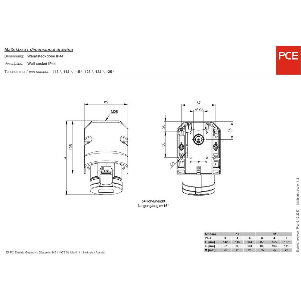 PCE Steckdose PCE 113-6tt CEE-CARA Wandsteckdose 16 A 3polig 230 V 1 St.