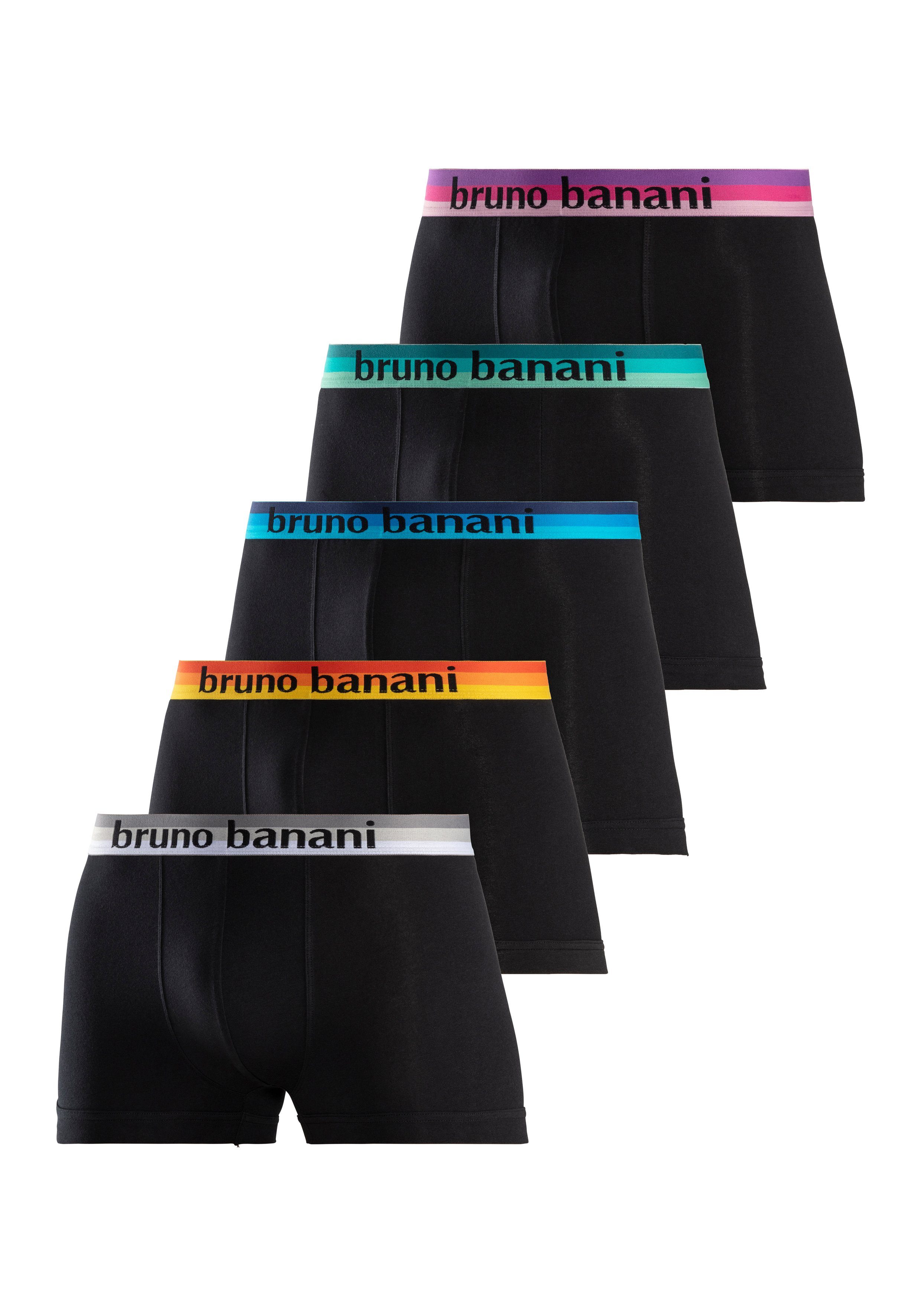 Bruno Banani Boxer Webbund 5-St) (Packung, schwarz-pink, mit Logo anthrazit-meliert-gelb, Streifen grau-meliert-mint, schwarz-grau navy-blau