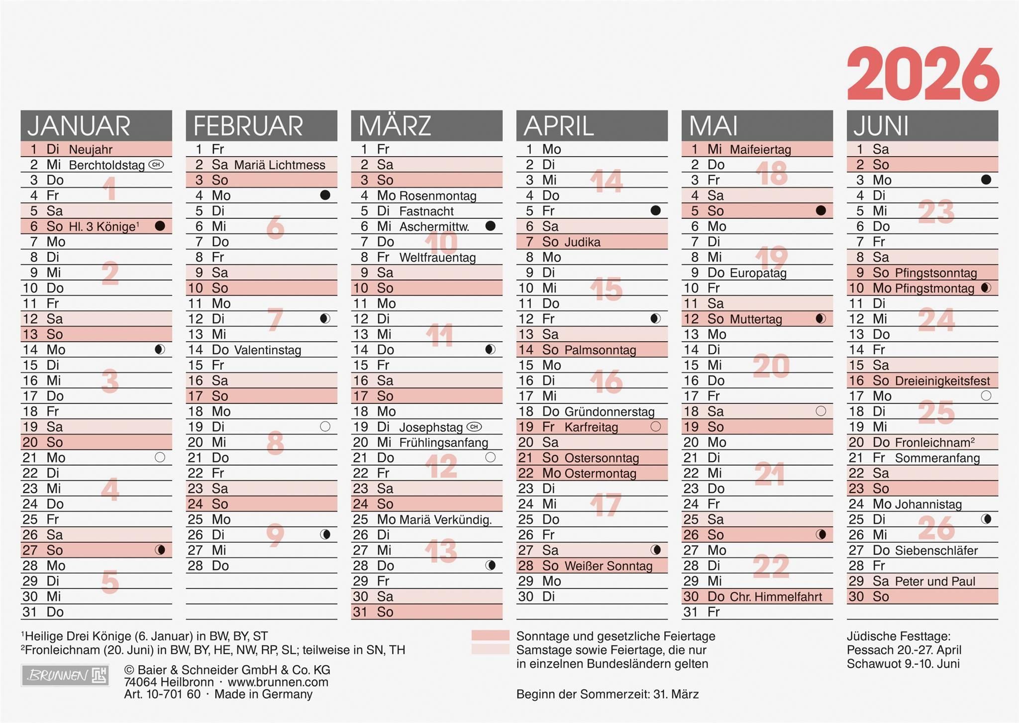 BRUNNEN Tischkalender 2026 Brunnen Tafelkalender A6 quer