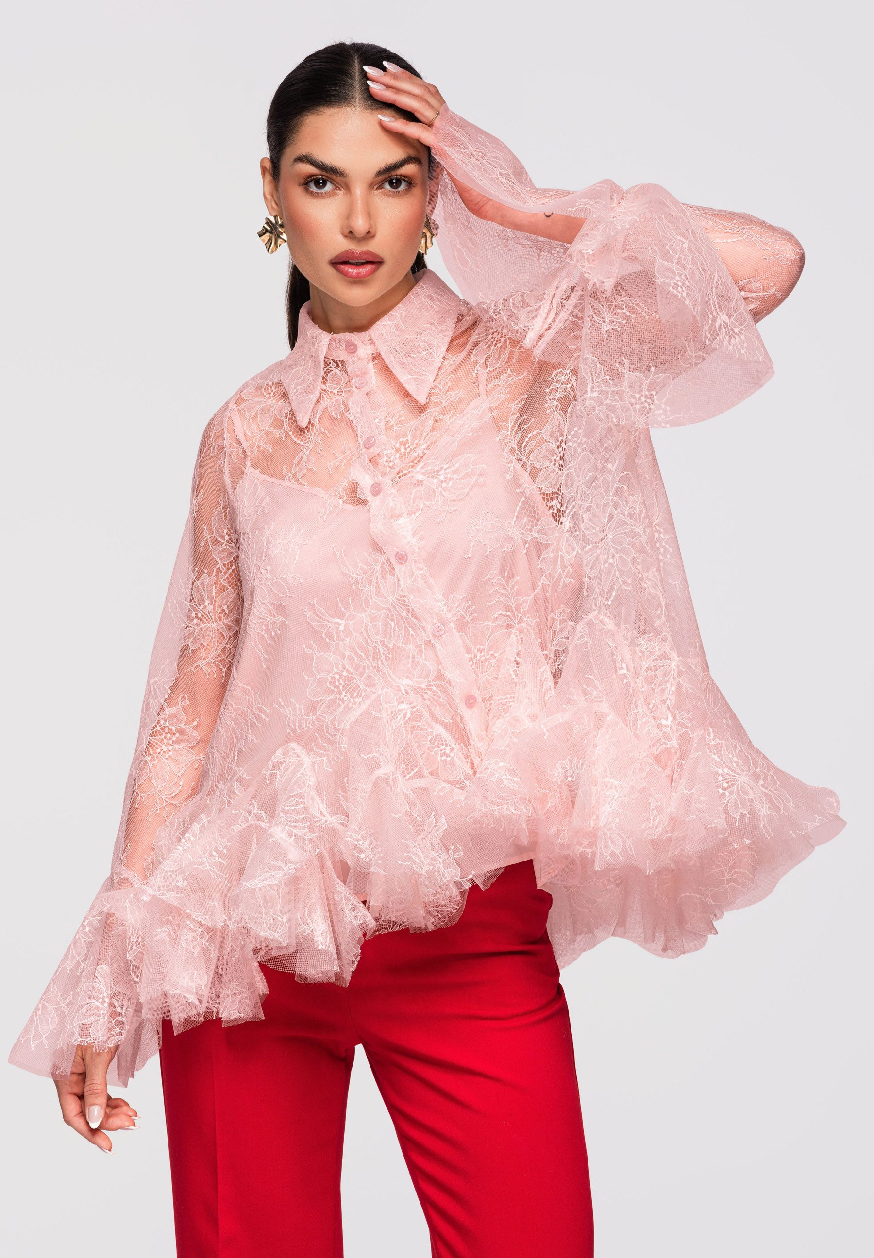 OMBRE Frackhemd Damen Spitzenbluse Asymmetrisch Elegant rose S/M (kein Set, 1-tlg) Asymmetrische Länge, transparente Spitze mit Blumenmuster, Rüschen