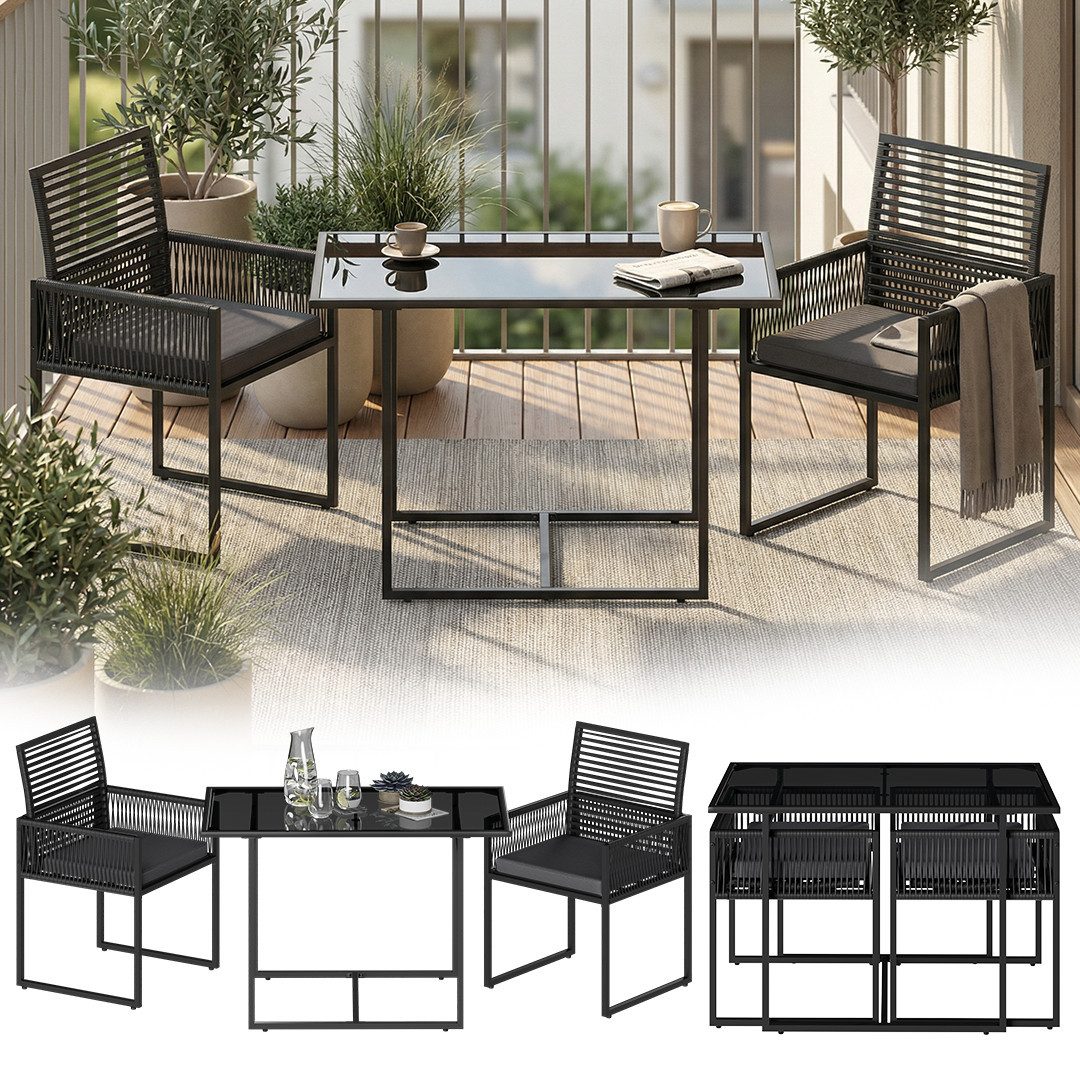 STEELSØN Gartenlounge-Set Kynaris 3-teilig mit 2 Stühlen und Tisch, (schwarz/anthrazit, platzsparend klappbar), Polyrattan Sitzgruppe, Tisch mit Glasplatte, mit Sitzpolstern