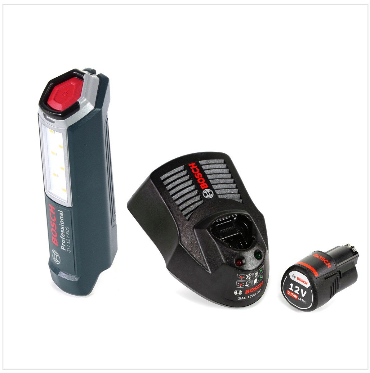 Bosch Professional Baustrahler Professional GLI 12V-300 Akku Lampe + 1x GBA 12V 2,0 Ah Akku + GAL 12