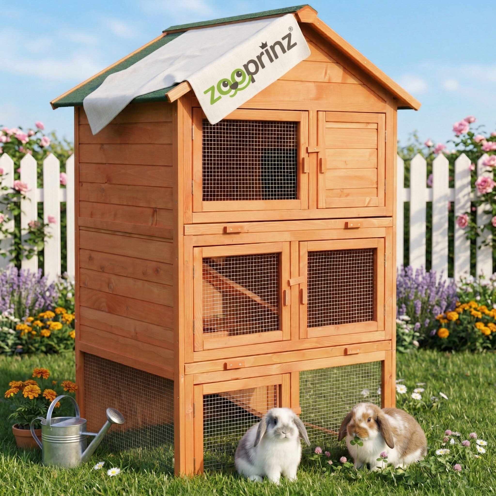 Zooprinz Kleintierstall Jumbo mit 3 Etagen und Auslauf 106x160x86,5 cm (BxHxT), Lasiertes Massivholz, 2 Kotschubladen