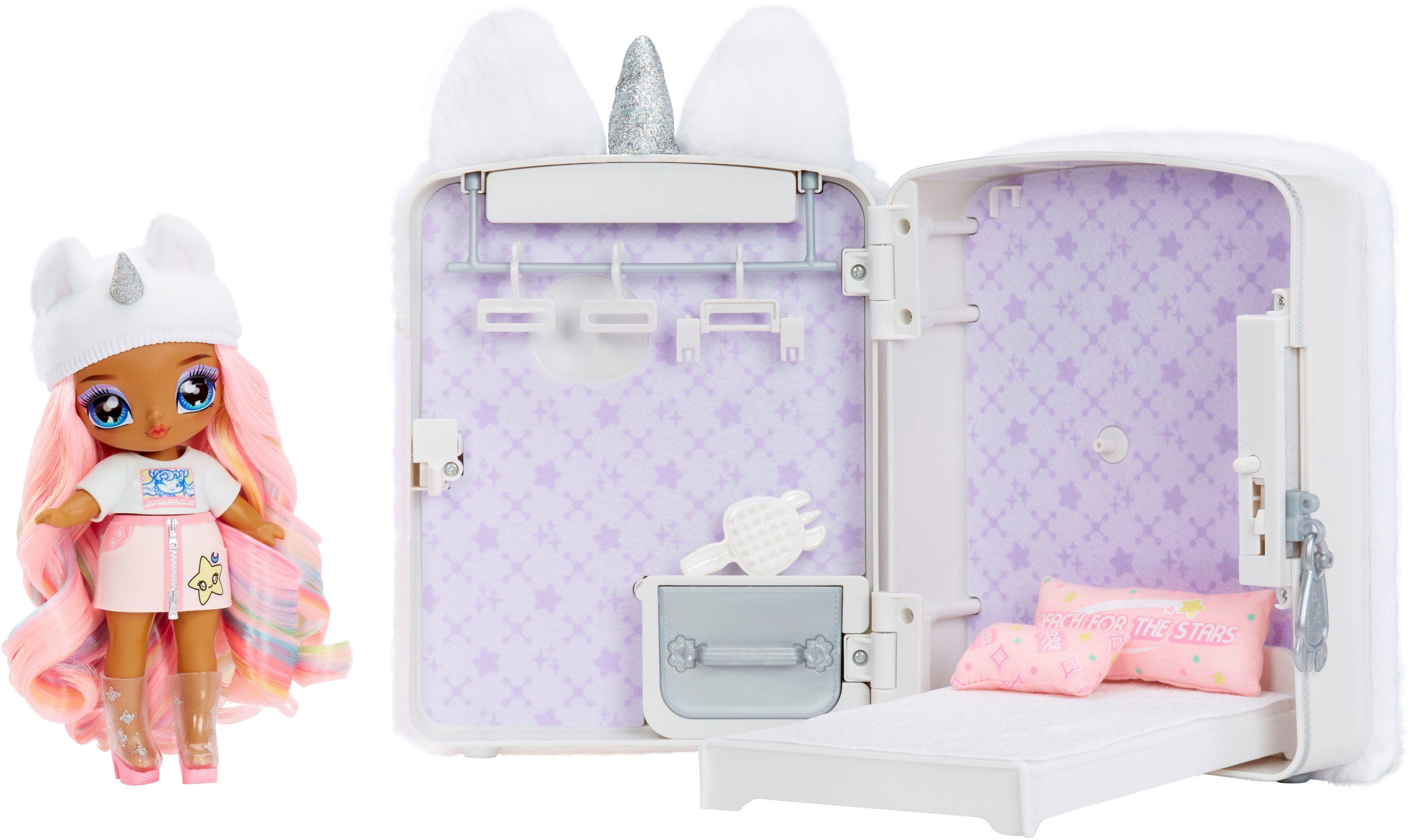 MGA ENTERTAINMENT Puppenmöbel 3in1 Backpack Bedroom Unicorn - Whitney Sparkles, Na! Na! Na! Surprise