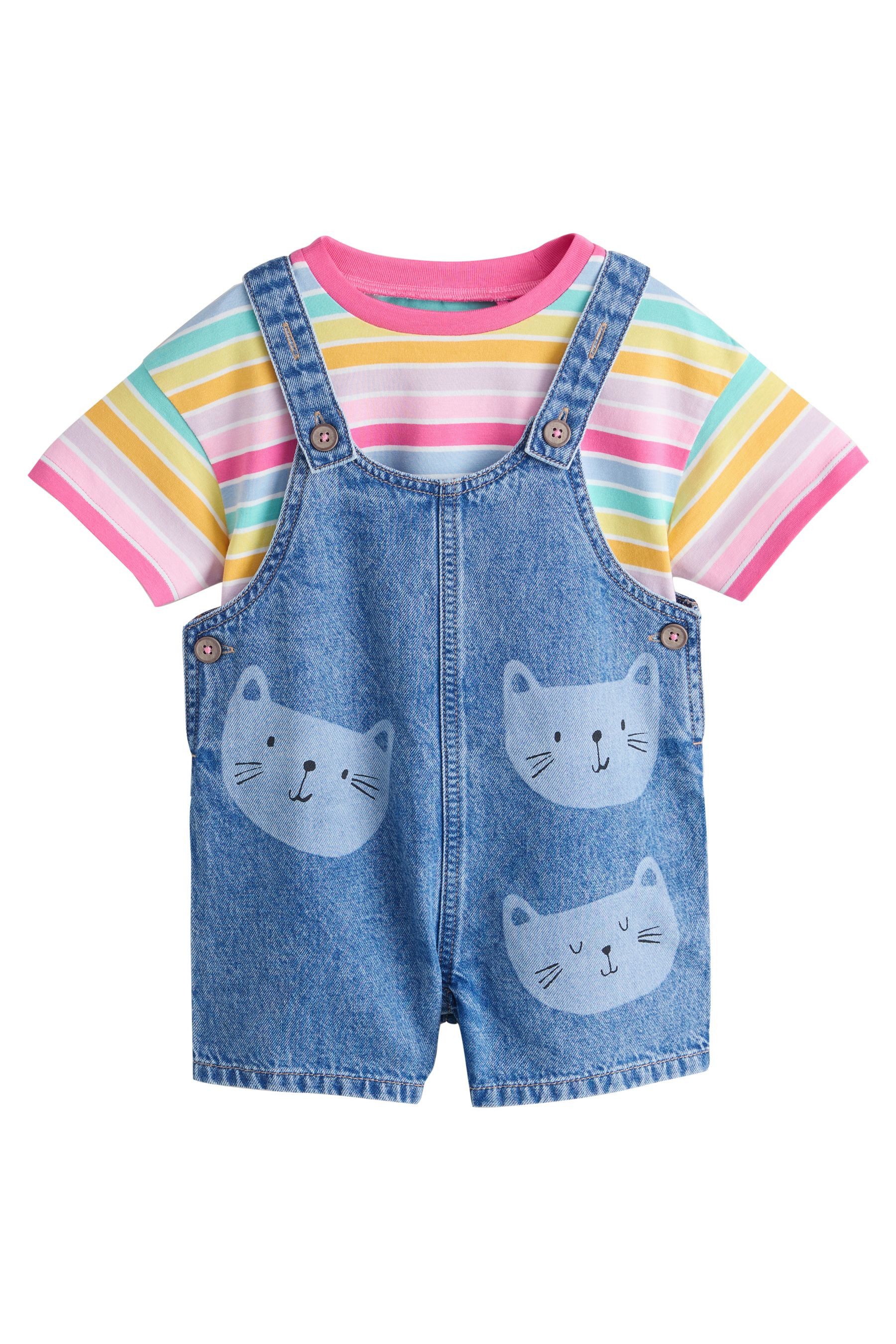 Next Playsuit Denim-Latzhose mit Katzen-Print und T-Shirt (2-tlg)