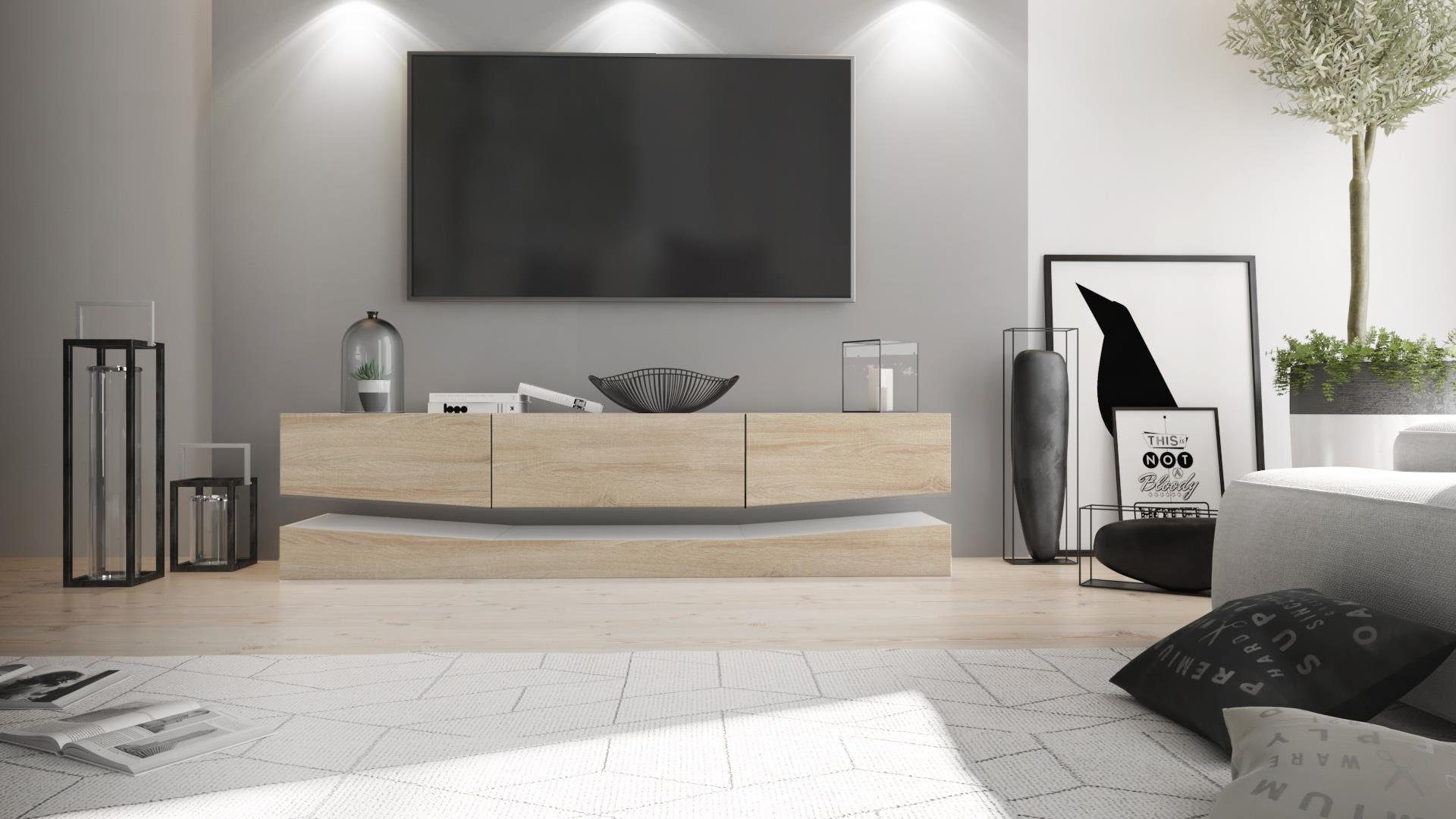 Vladon Lowboard City (TV-Kommode mit Sockelelement, 1 offenem Fach und 3 Schubkästen), Weiß matt/Eiche Sägegrau (178 x variabel x 39 cm)