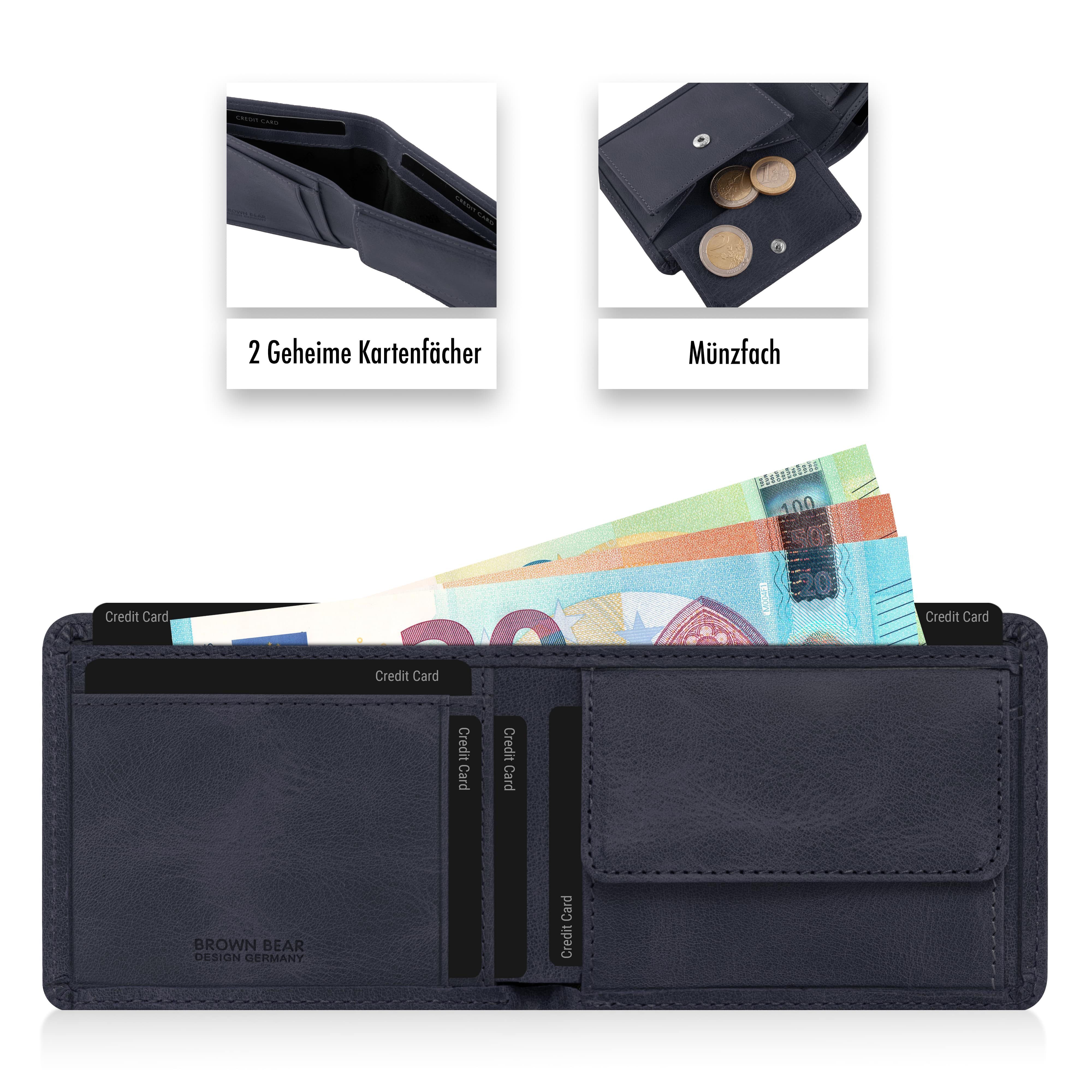 Brown Bear Geldbörse 8061 - mit 6 Kartenfächern und RFID-Schutz, aus Echtleder Farbe Blau-Vintage