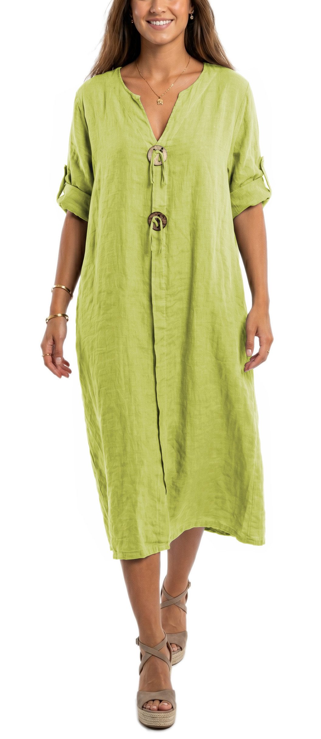 dy_mode Hemdblusenkleid Damen Leinenkleid Midi Hemdblusenkleid mit V-Ausschnitt Freizeitkleid in Unifarbe, V-Ausschnitt, mit seitlichen Eingriffstaschen