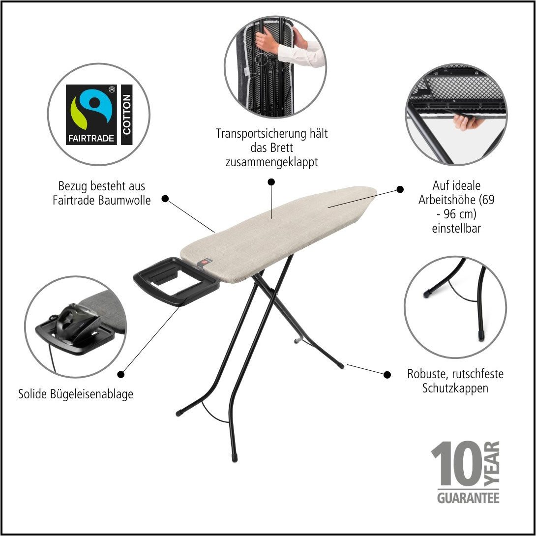 Brabantia Bügelbrett Bügeltisch B, 124 x 38 cm, Dst-Mulde Solide, Bügelfläche 124x38 cm, Fairtrade-zertifiziert