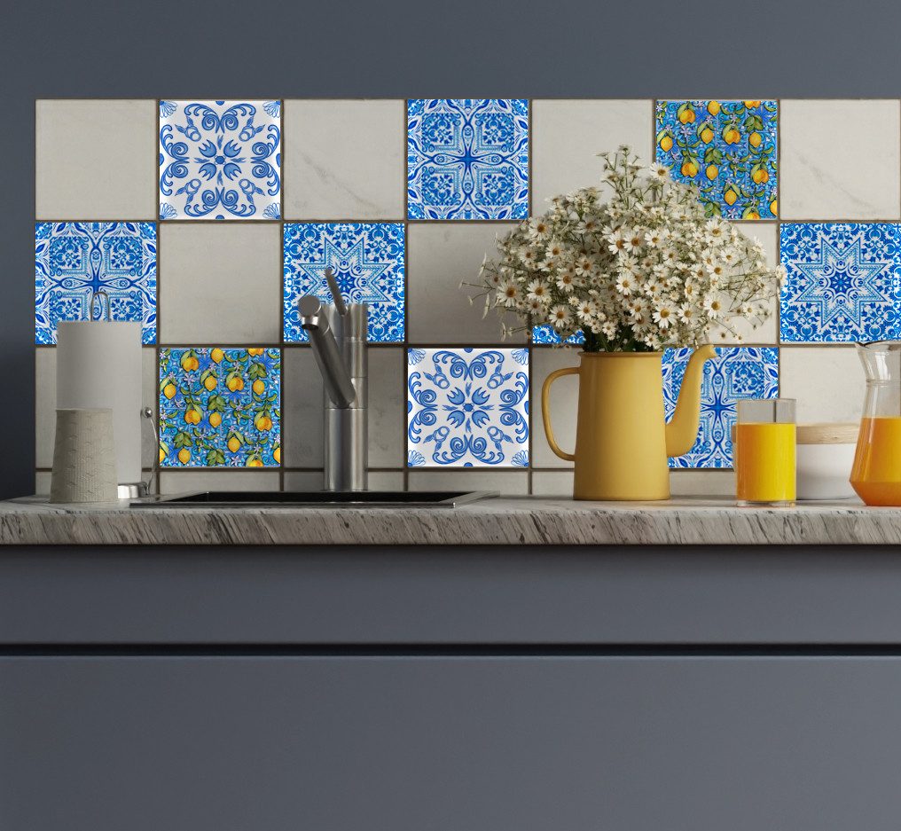 queence Плиткаaufkleber Blaue Ornamente mit Zitronen (12 St), selbstklebend, 12er Set