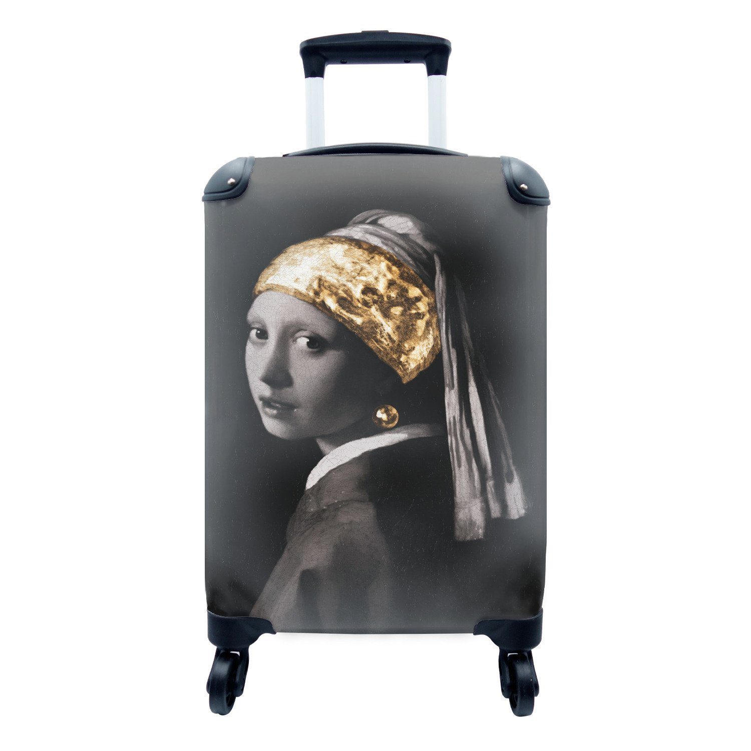 MuchoWow Handgepäckkoffer Mädchen mit einem Perlenohrring - Johannes Vermeer - Gold, 4 Rollen, Reisetasche mit rollen, Handgepäck für Ferien, Trolley, Reisekoffer