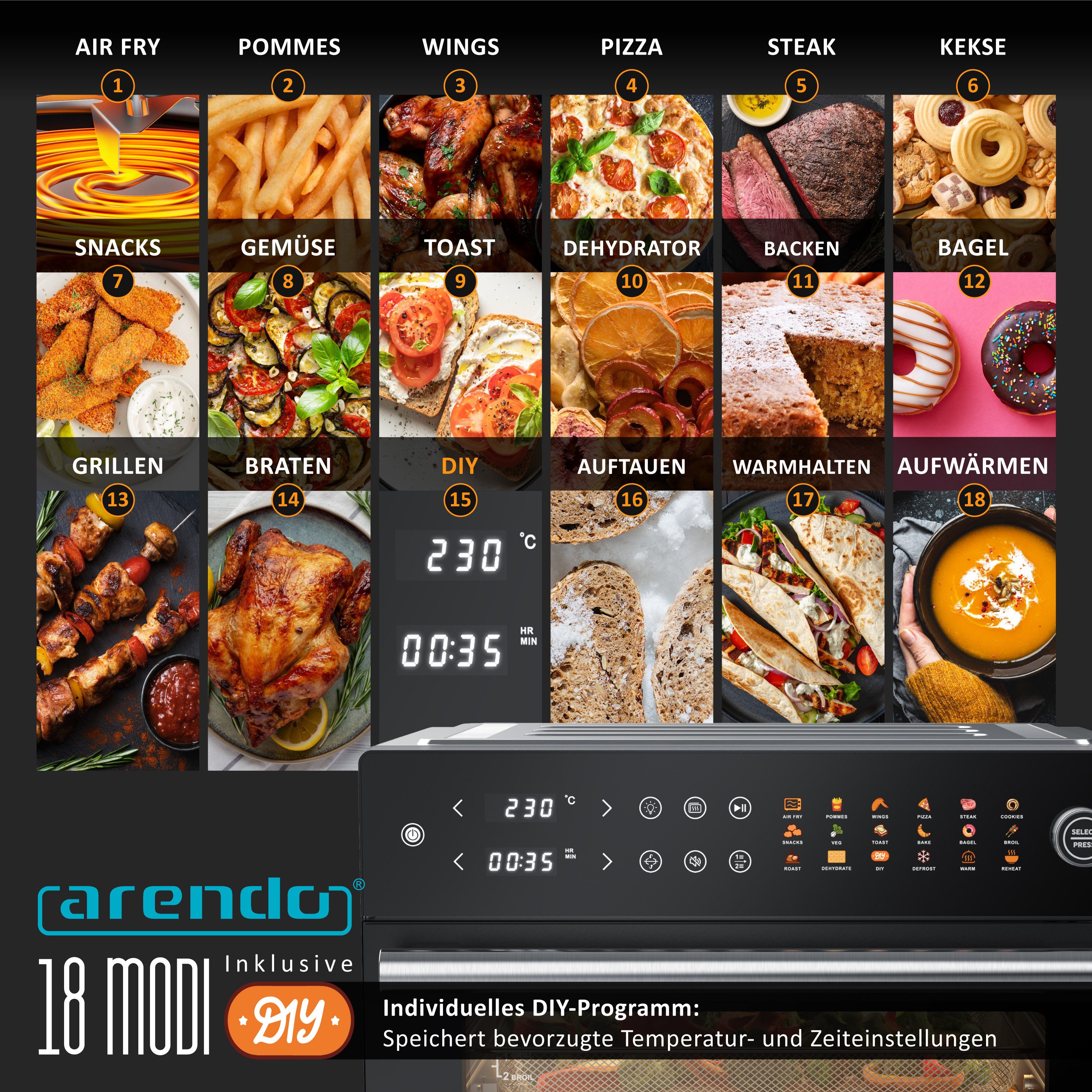 Arendo Minibackofen Airfryer 30L Edelstahl Multifunktionsofen, XXL Heißluftfritteuse 1800W, mini Backofen Dörrgerät + Zubehör, Drehspieß, rotierender Frittierkorb