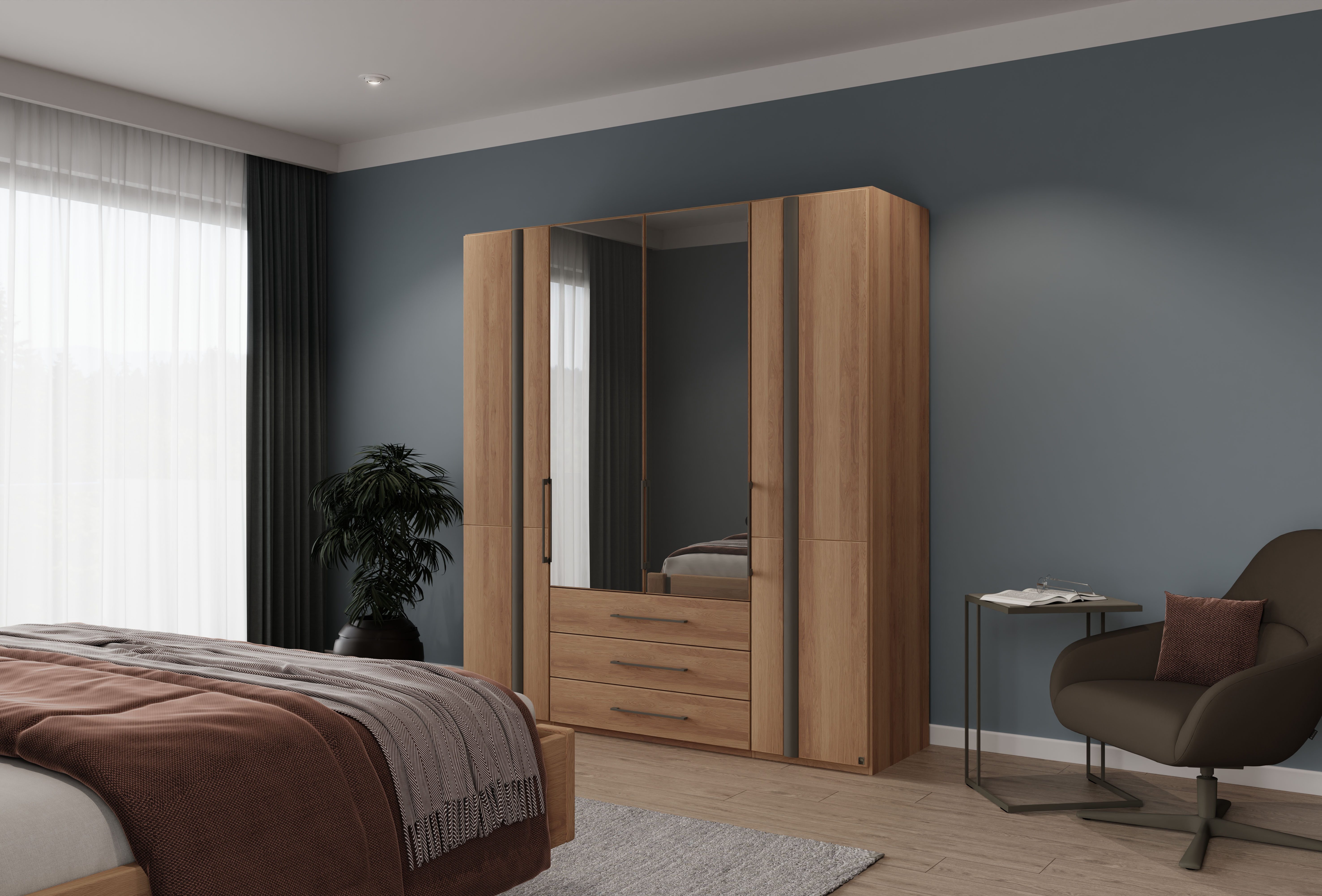 Musterring Kleiderschrank Sorrent, Kleiderschrank, teilmassiv Eiche (mit Türdämpfern, mit Schubladen, extra Böden, MADE IN GERMANY) Türen in Eiche massiv und als Parsol-Bronze-Spiegel, mit Schubkästen