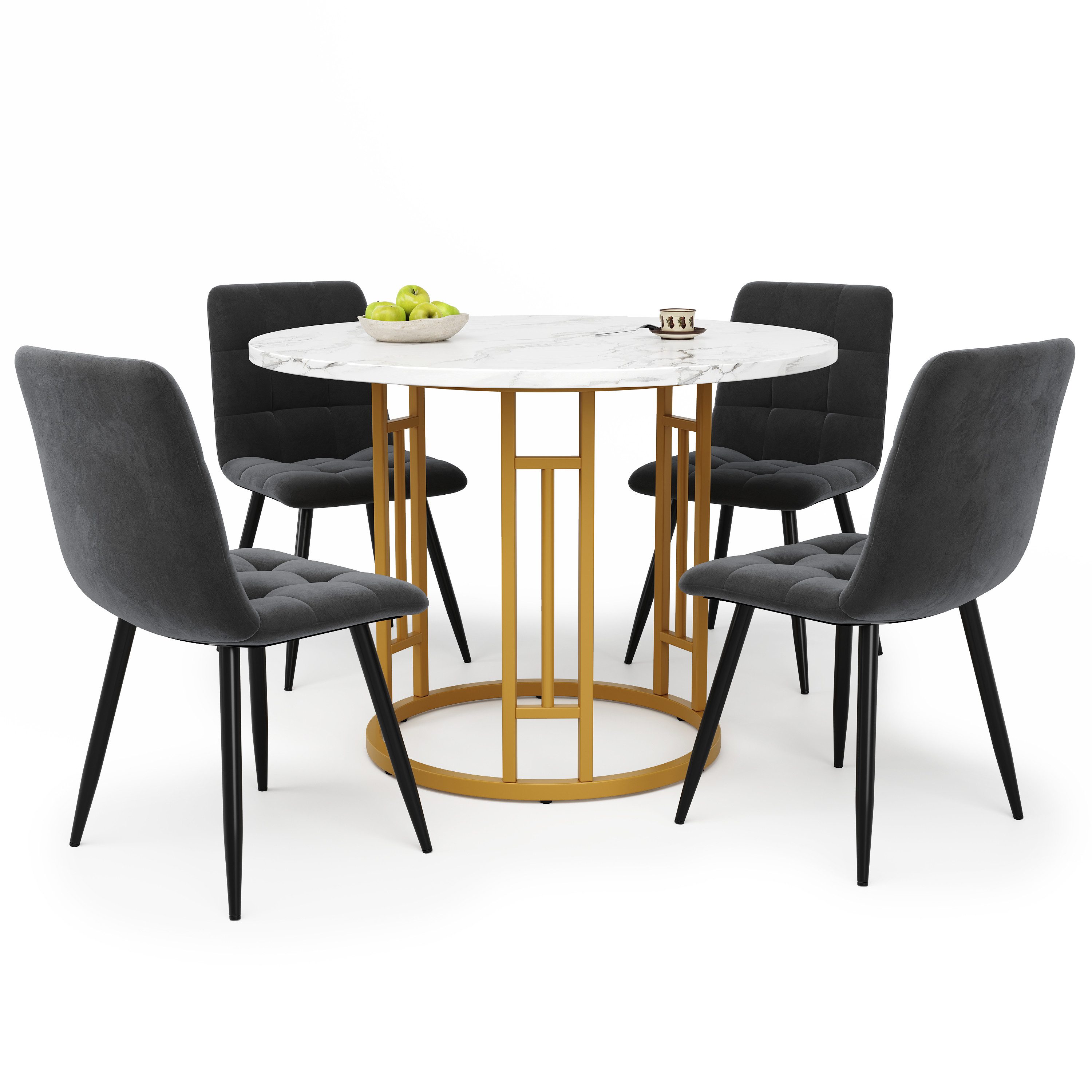 REDOM Essgruppe Moderner 5-teiliges Esstisch-Set, (mit 80 cm rundem MDF-Marmor-Tisch & samtigen Stühlen – verstellbare goldene Metallbeine., 5-tlg)