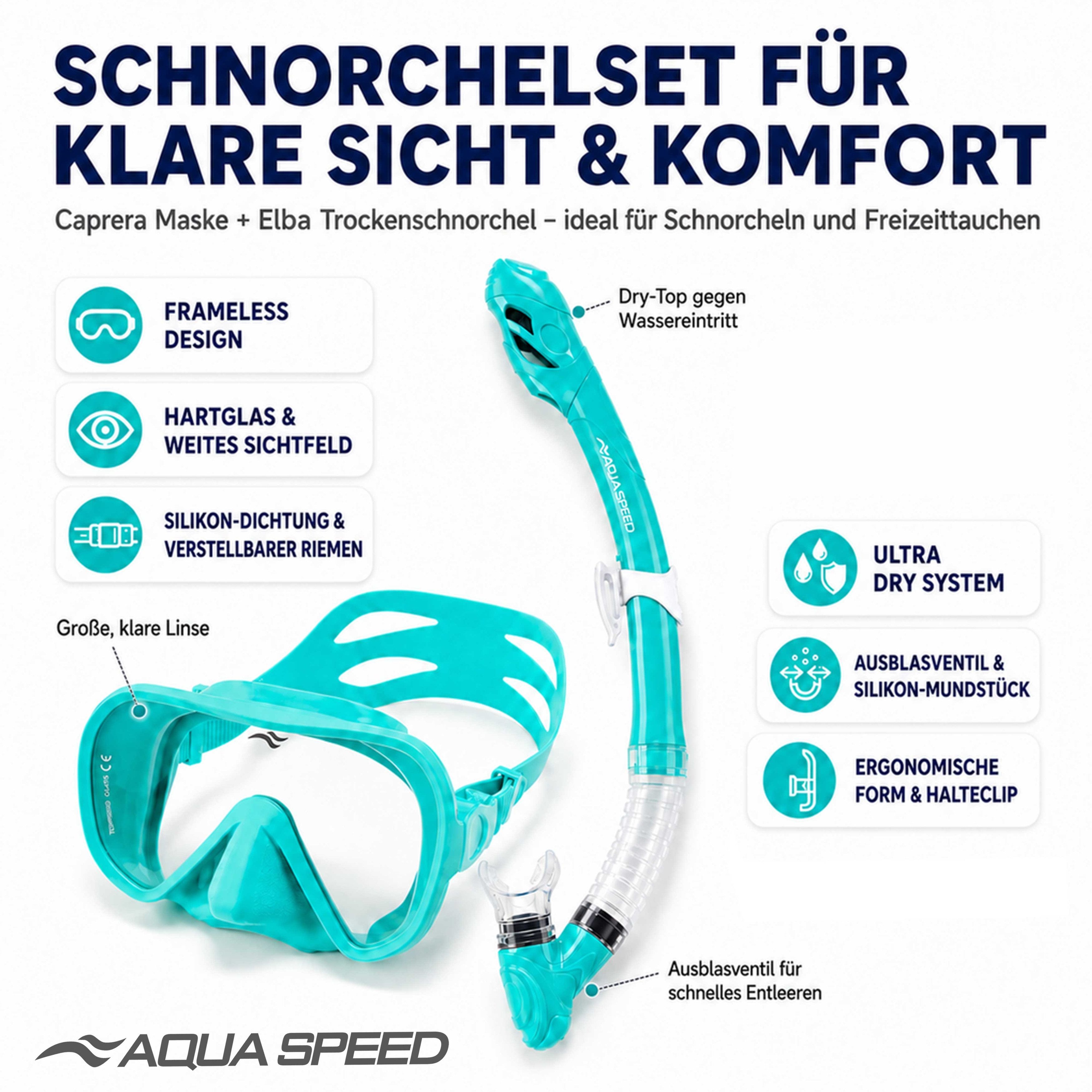 Aqua Speed Schnorchel Carprera & Elba Tauchmaske und Schnorchel Set, Taucher Set (Schwimmmaske mit gehärtetem Glas), Taucherbrille Stoffband Einzellinse – Bild 2 von 5
