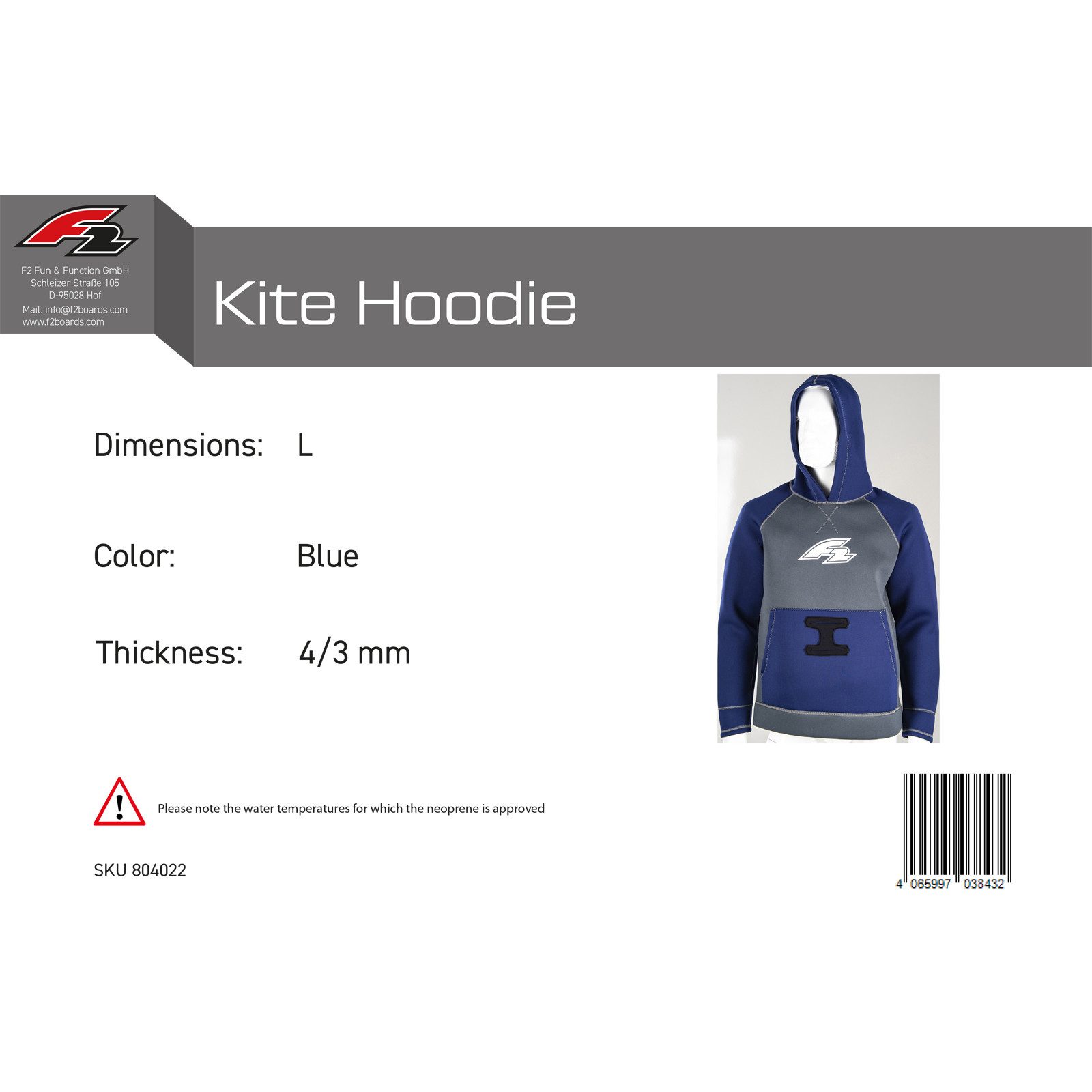 F2 Neoprenanzug F2 Neopren Oberteil Kite Hoodie 4/3mm L Blau