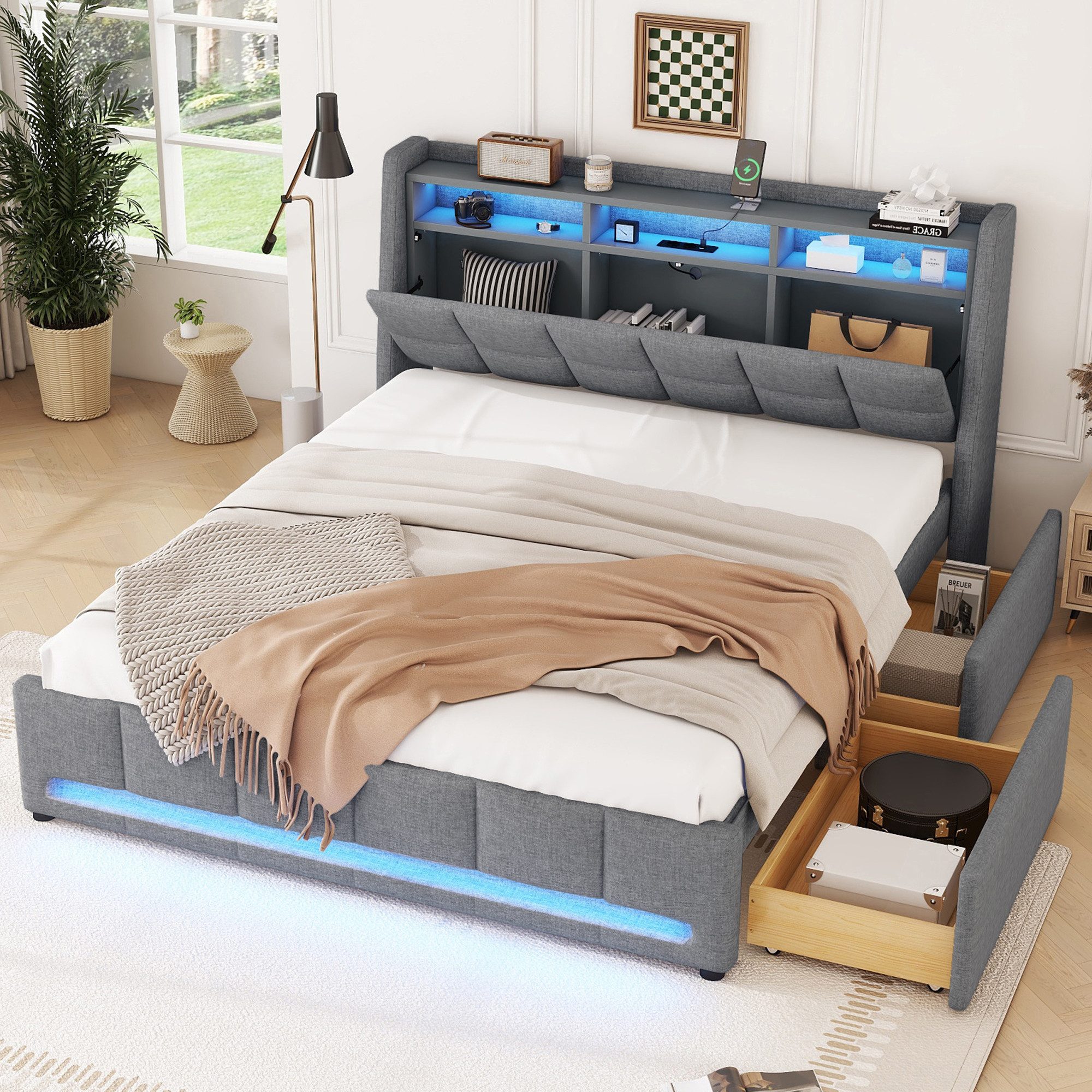 HAUSS SPOLE Polsterbett 140x200 mit LED-Licht, Schubladen, Steckdosen und U günstig online kaufen
