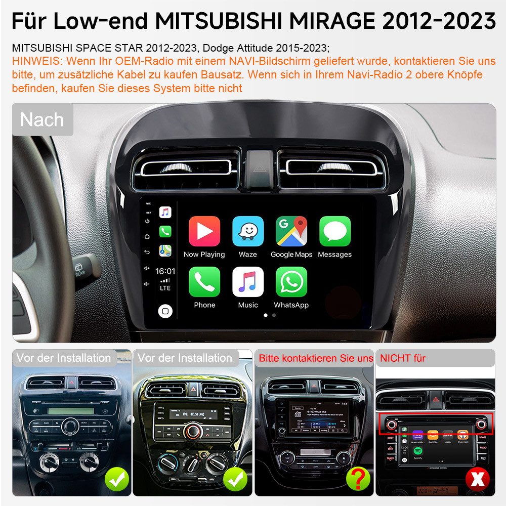 A-Sure 8-Core Für Mitsubishi Mirage Space Star DAB+ CarPlay GPS Android 15 Autoradio (Digitalradio (DAB), Carplay Android Auto Bluetooth EQ USB GPS Navi WIFI Touchscreen)