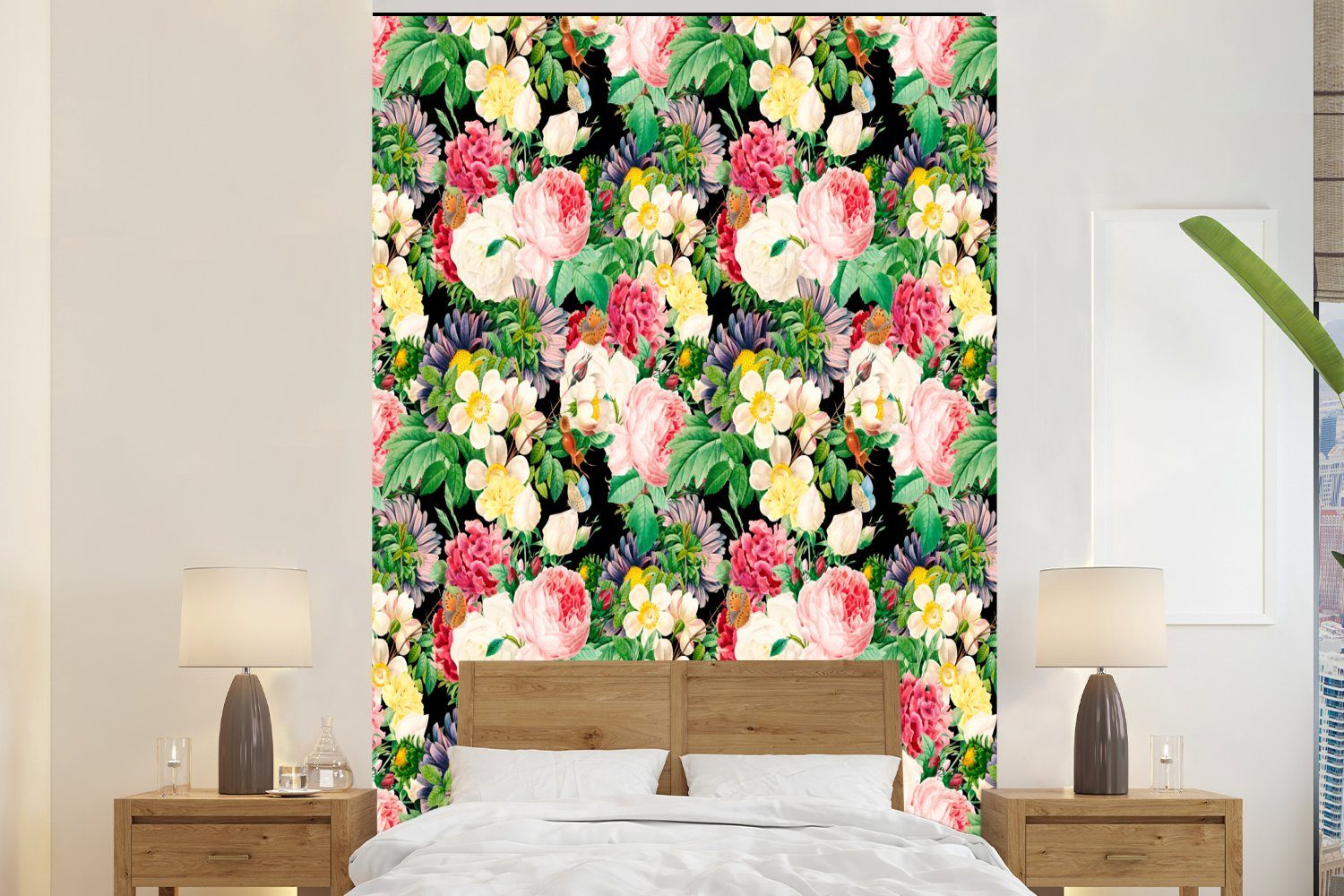 MuchoWow Fototapete Blumen - Frühling - Muster, Matt, bedruckt, (3 St), Montagefertig Vinyl Tapete für Wohnzimmer, Wandtapete