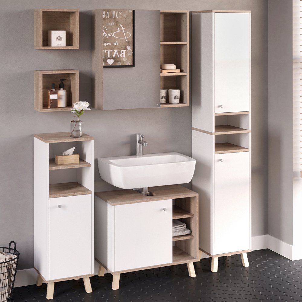Vicco Badmöbel-Set Senyo, Weiß/Sonoma, 5 Teile, mit Hochschrank, (5-er Set, 6-St., 6-er Set)