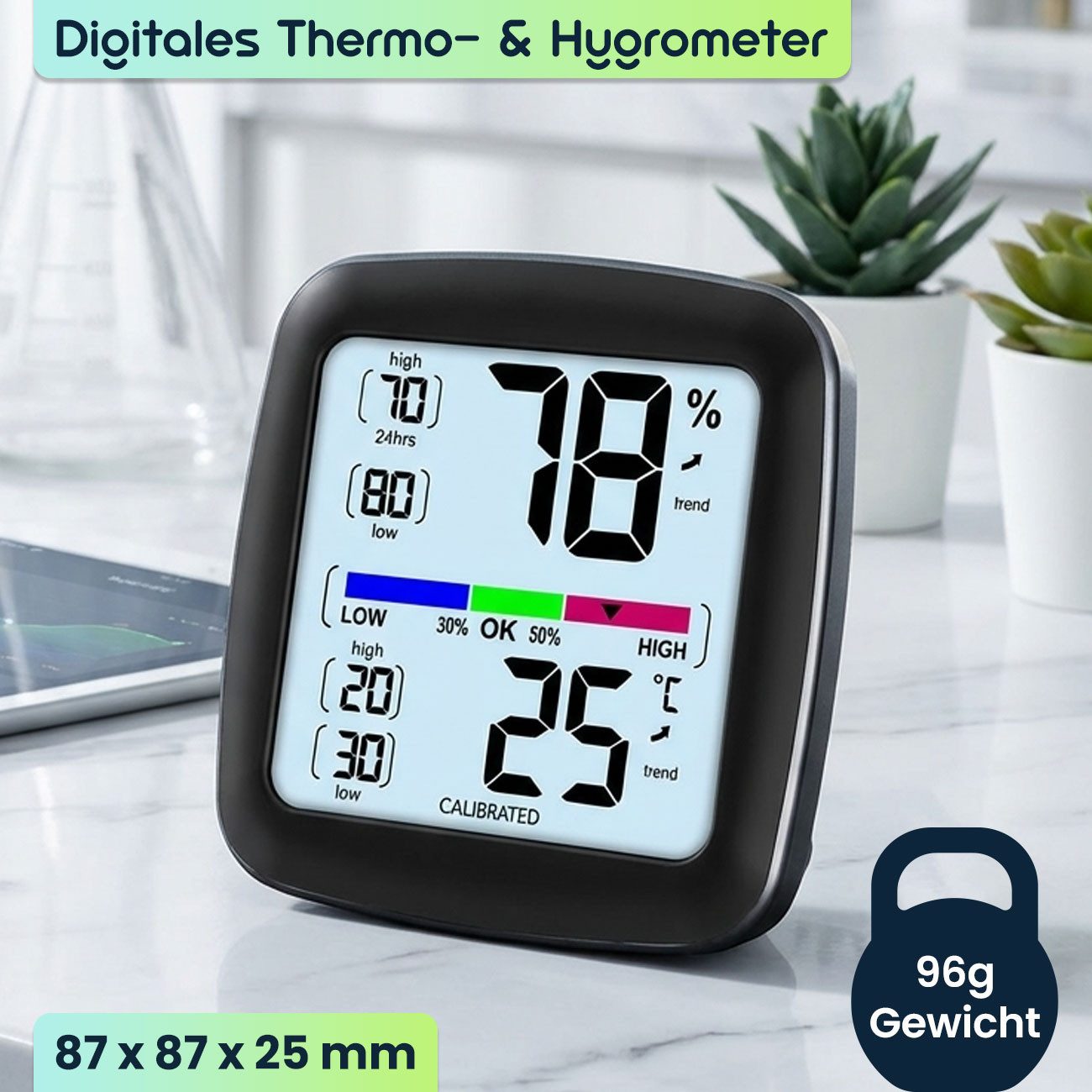 Casativo Hygrometer Digitales Präzisions-Thermo-Hygrometer – kalibrierbar mit LCD-Display, genaue Messung von Temperatur & Luftfeuchtigkeit – Bild 2 von 5