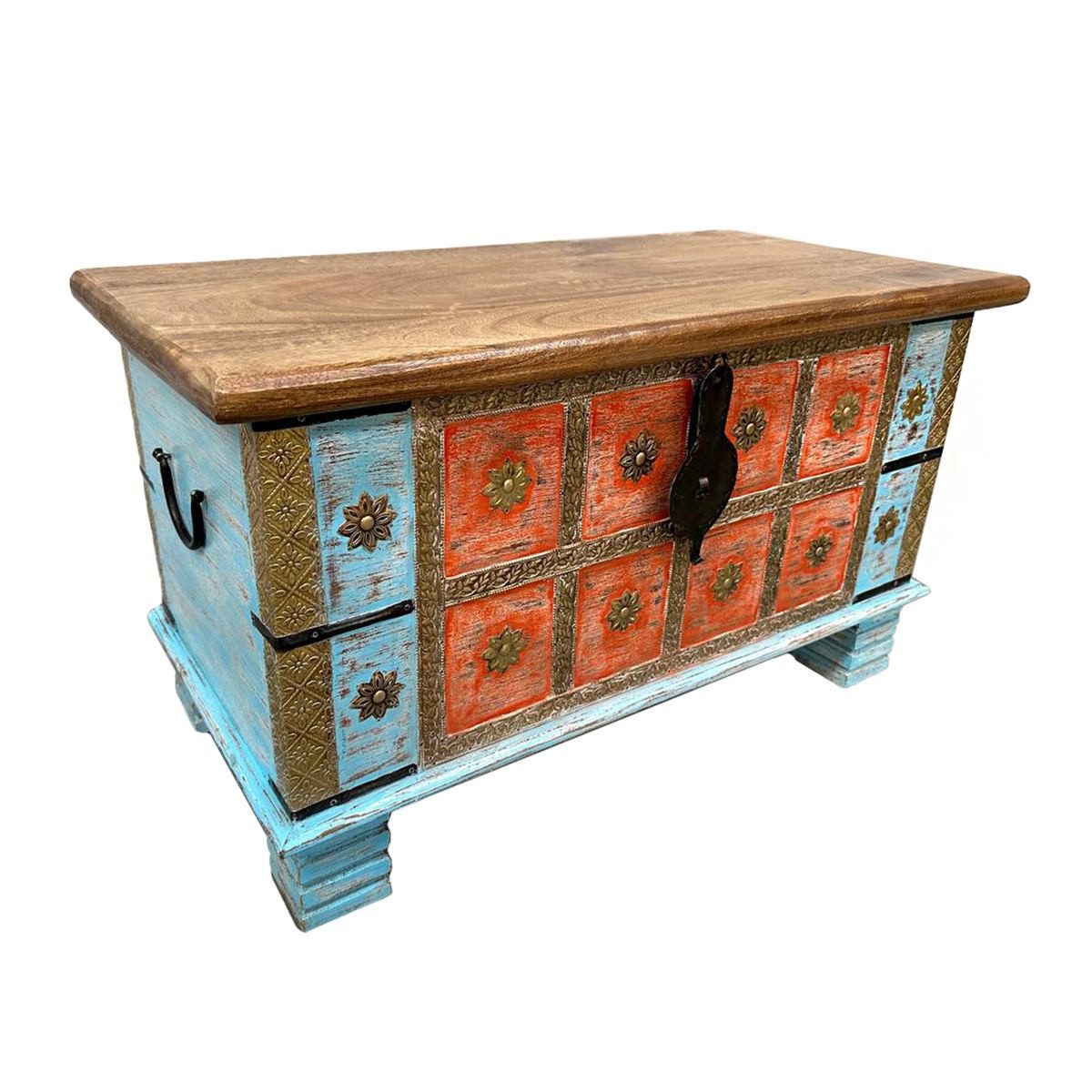 Oriental Galerie Truhe Indische Truhe Türkis Orange 80 cm (1 St), Beistelltisch, Holztruhe, Antik, Wäschetruhe, Möbeltruhe, Holzkiste