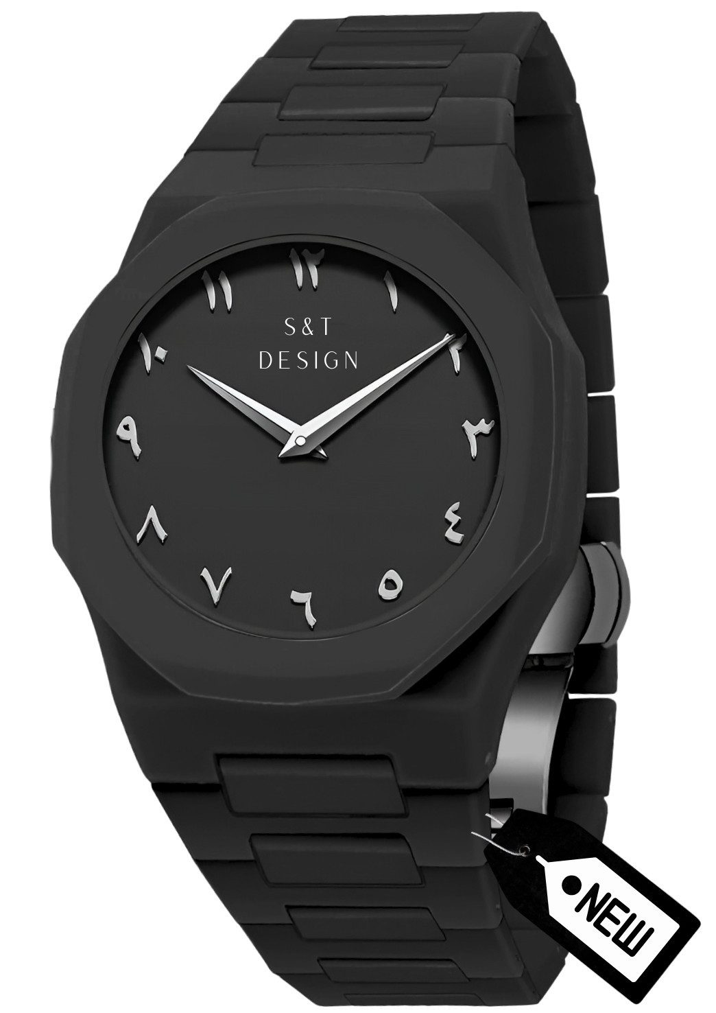 S&T Design Quarzuhr Herrenuhr Armbanduhr Schwarz Matte Männer Uhr Arabisch All Black, (Packung, 1-tlg., mit Armbandkürzer und Geschenkbox), Ultraleichte Herrenuhren 40g Matt Weich Elegant Minimalistisch Schwarz