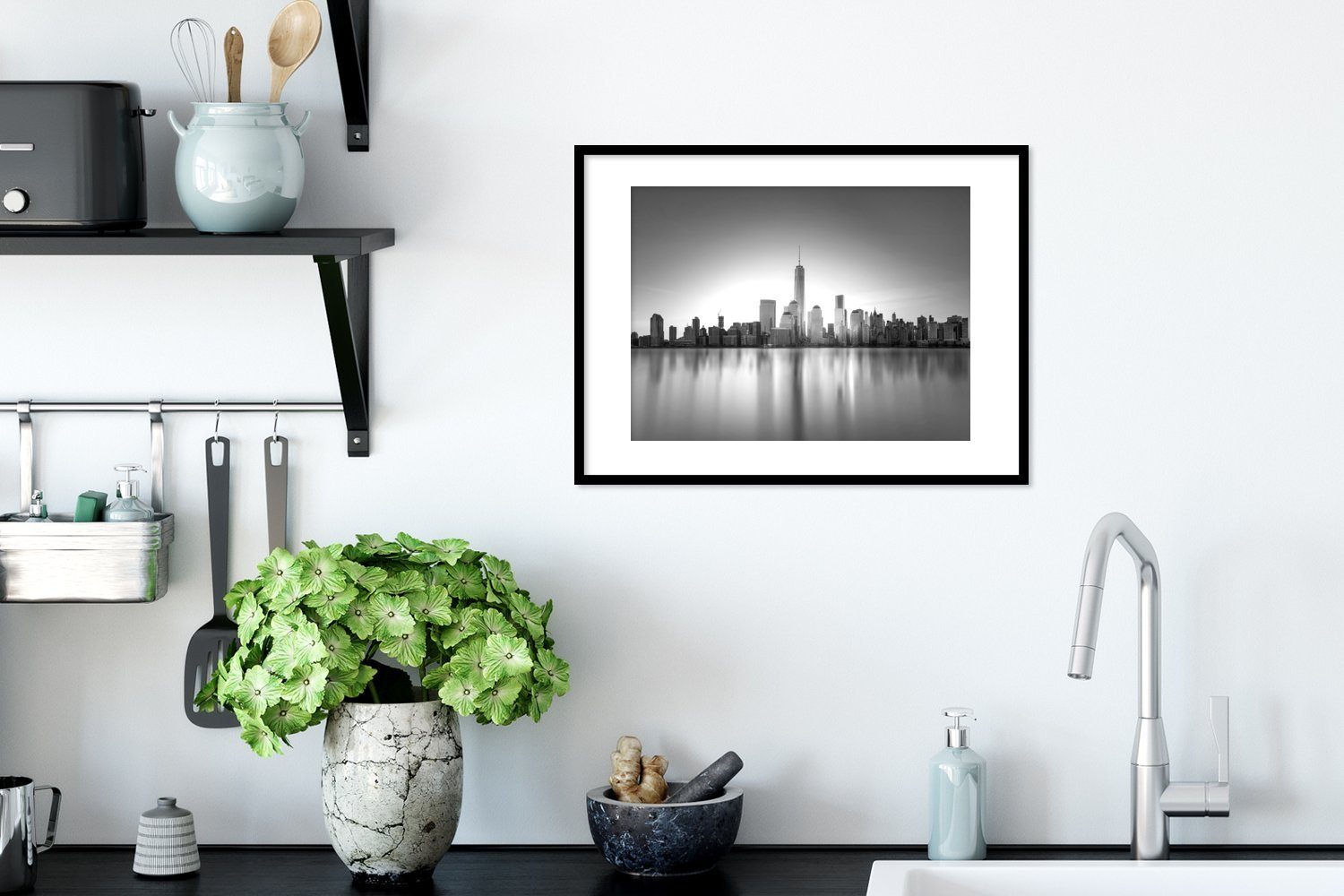 MuchoWow Poster Skyline von New Kunstdruck, St), Gerahmtes Rahmen, schwarz York Poster, - Bilderrahmen weiß, am mit City und (1 Wasser Schwarzem
