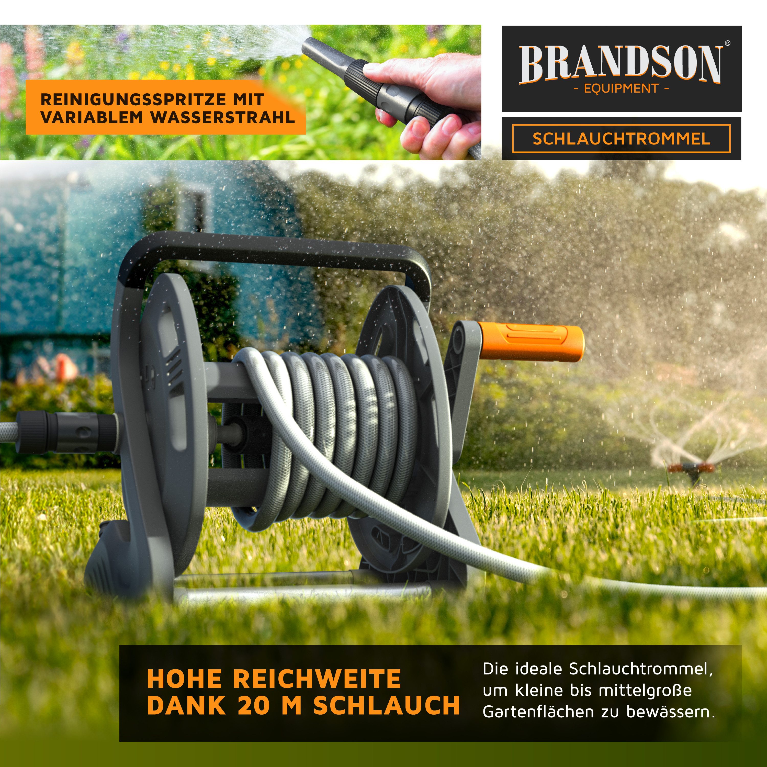 Brandson Schlauchtrommel Schlauchbox mit 20m Gartenschlauch, Drehgriff, Nachtropfstopp, (1-tlg), Garten Schlauch Trommel mit Wandmontage, 1/2 Zoll, 3/4 Zoll