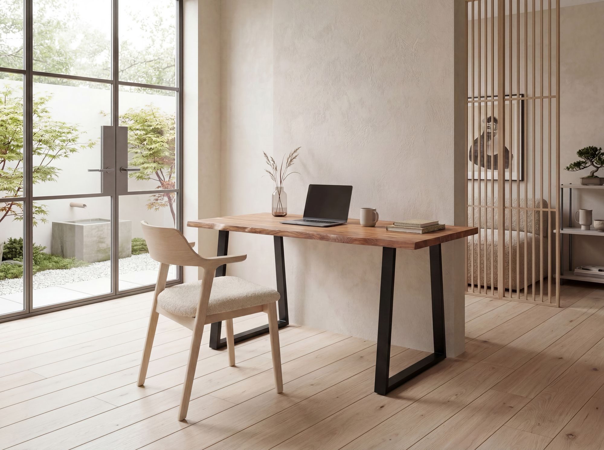 FINEBUY Schreibtisch FB68328 Akazie Massivholz Metall Bürotisch Computertisch (140x80x76 cm Akazie Massivholz, Baumkante Modern), Computertisch Home Office, Bürotisch Trapezbeine