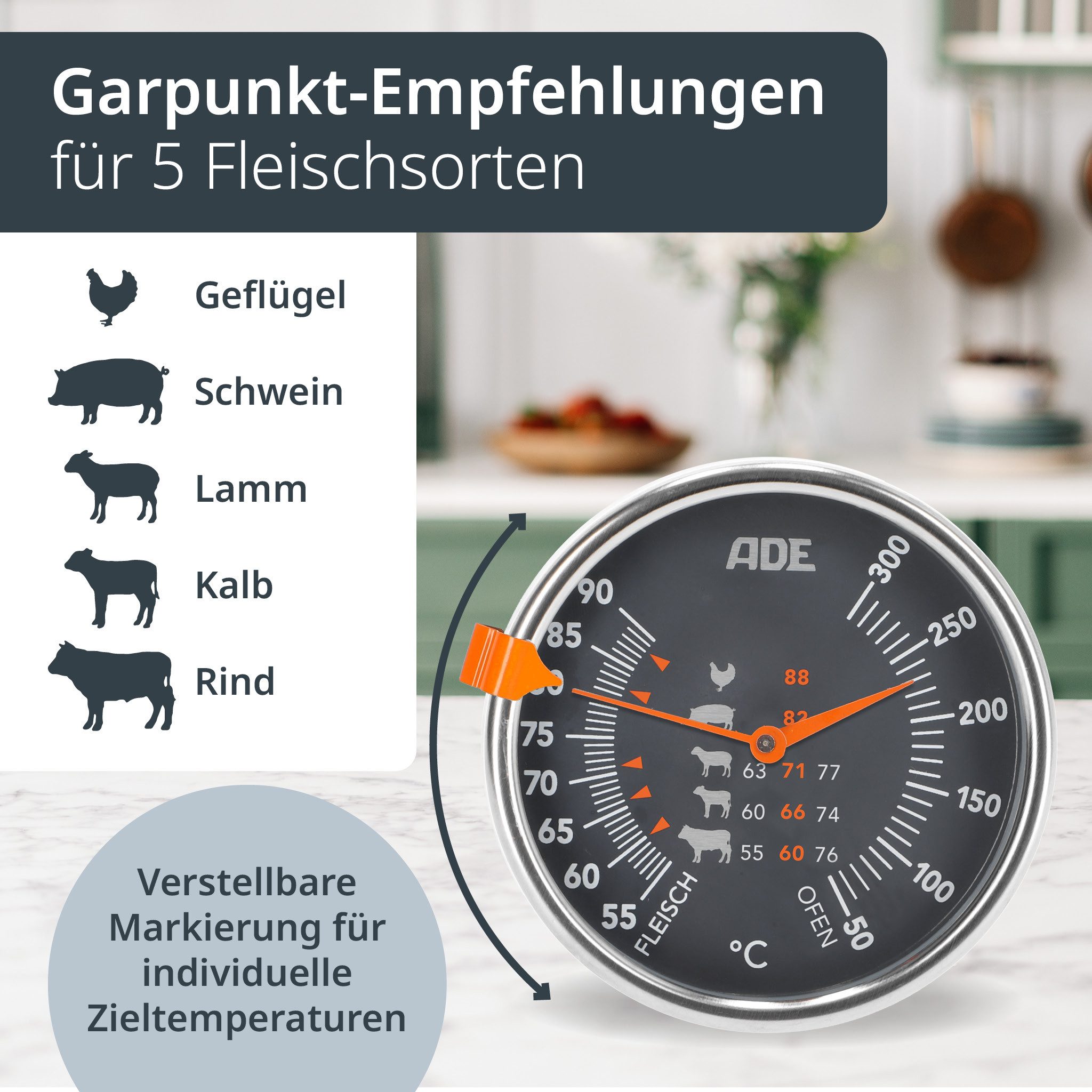 ADE Grillthermometer BBQ1801, Mechanisches Bratenthermometer mit analoger Anzeige bis 300°C