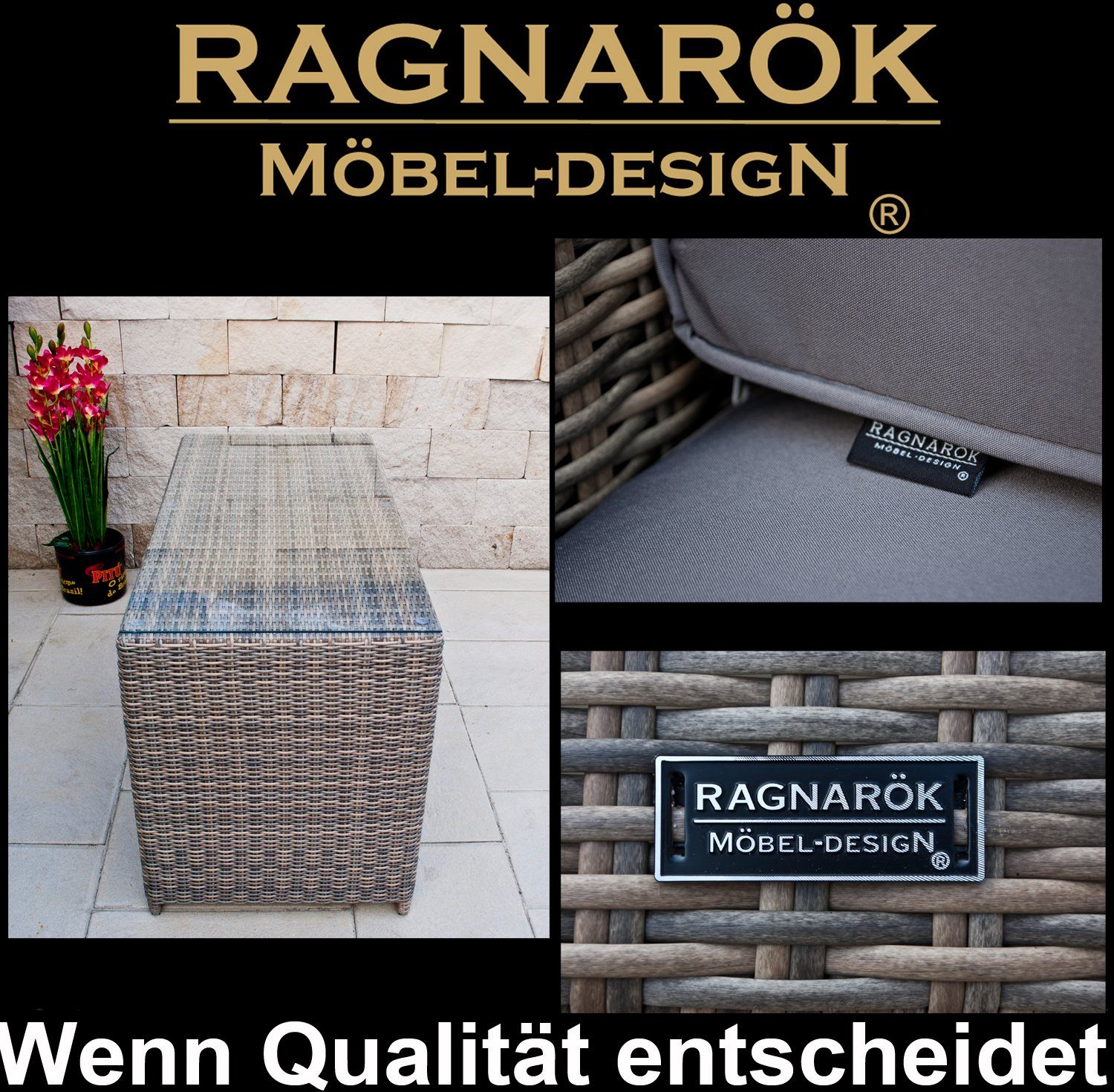Ragnarök Möbel-Design Garten-Essgruppe HEIMDALL Esstisch Set 2+2, (Set, Polyrattan, Alu), 10 Jahre Garantie auf UV Beständigkeit des Polyrattan, Würfelsystem