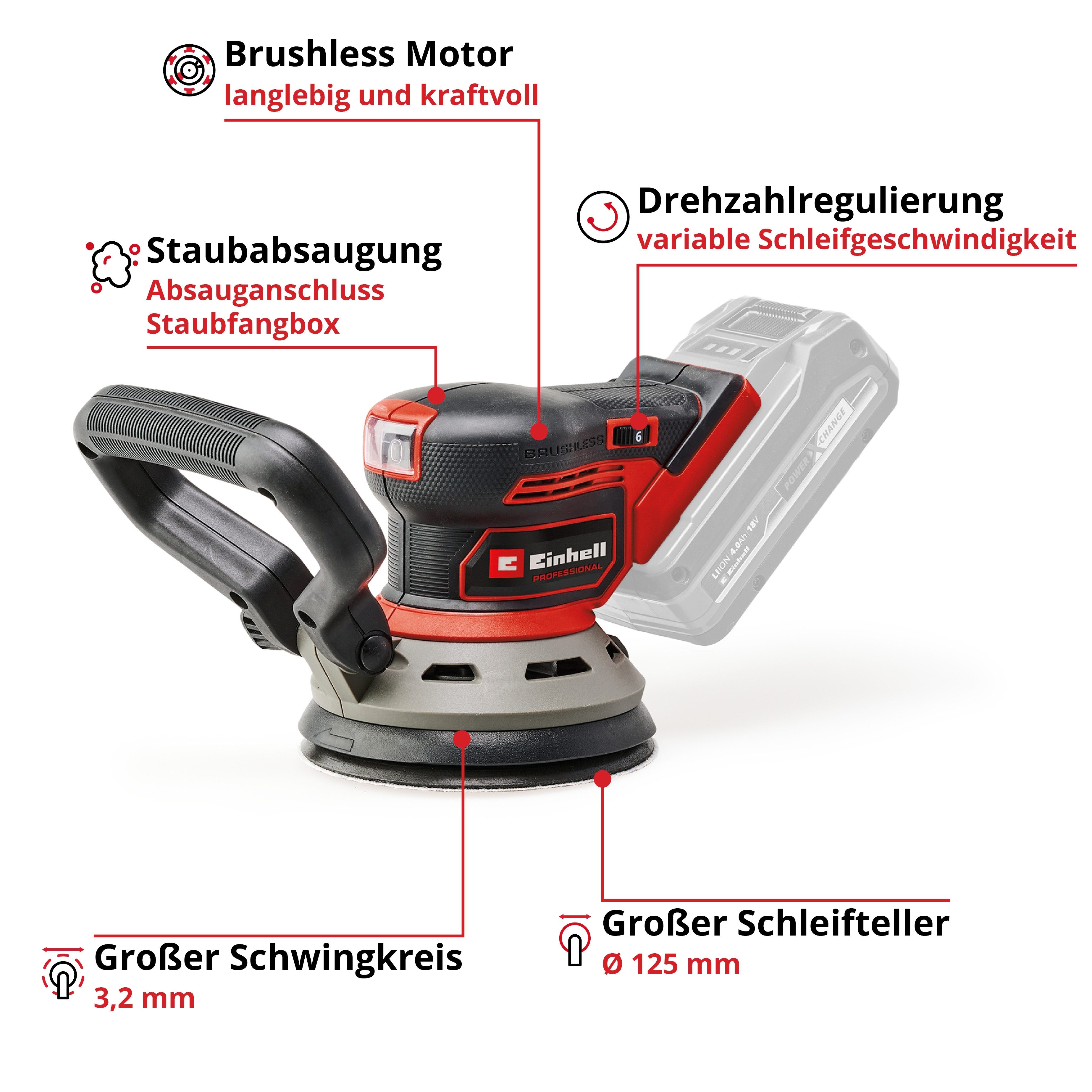 Einhell Akku-Exzenterschleifer TP-RS 18/32 Li Bl -Solo, max. 24000 U/min, 24000 U/min, (Set, 4 tlg), Einhell Professional, ohne Akku und Ladegerät – Bild 2 von 5
