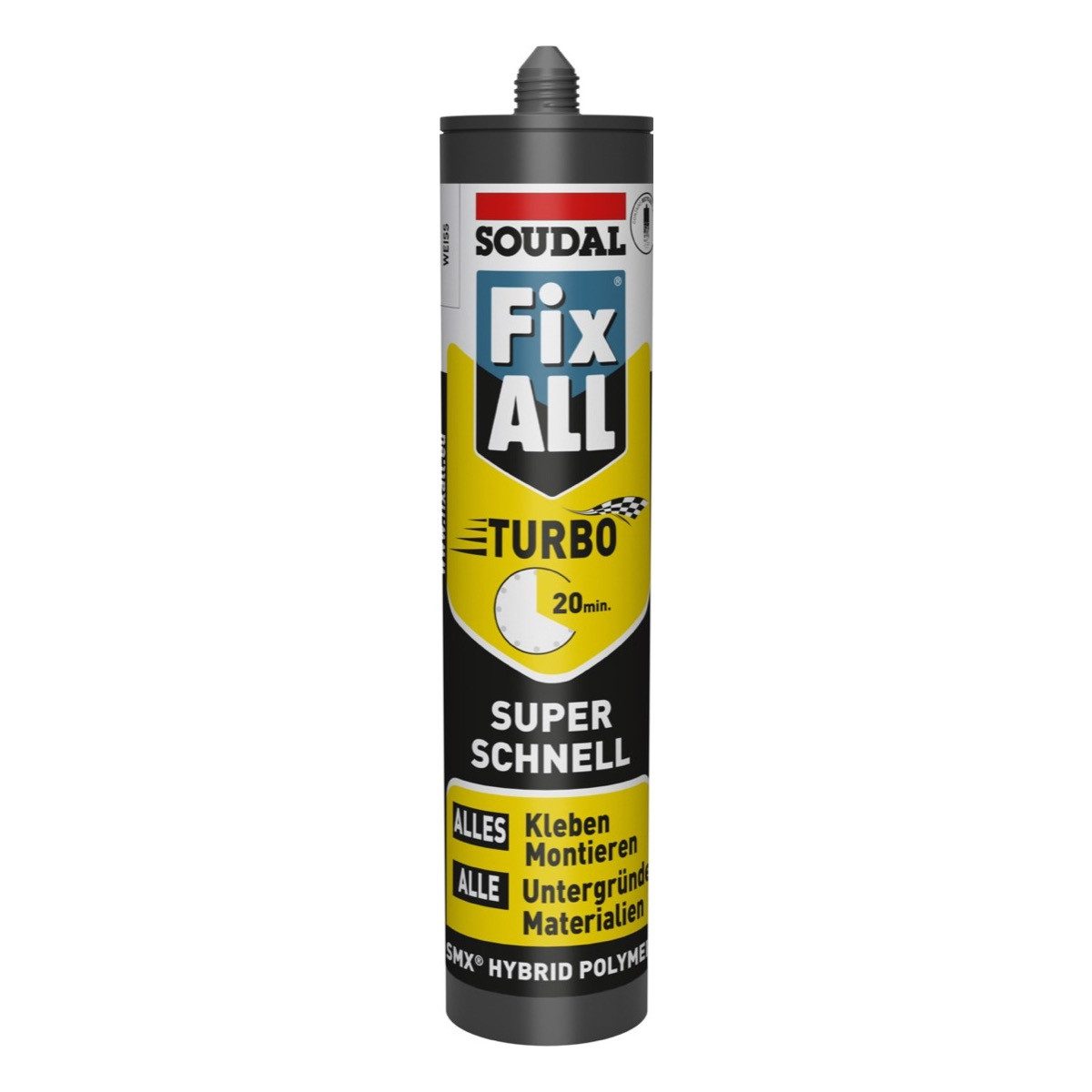 SOUDAL Montagekleber Fix ALL Turbo Weiß - Hybrid-Montagekleber 430 g, Schneller Hybrid Montagekleber für innen & außen